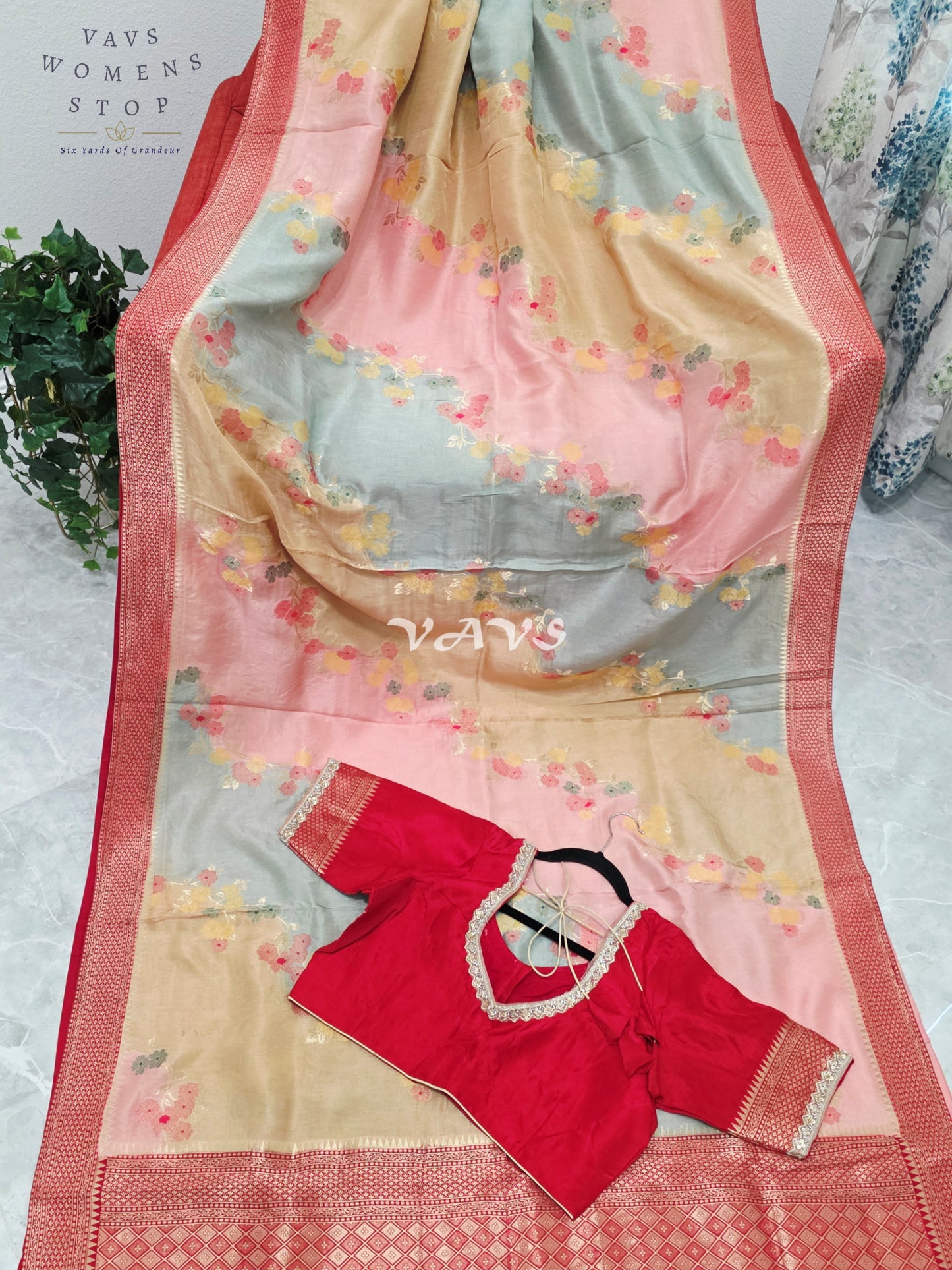 Royal Blush Pink & Mist Blue Pure Munga Crepe Tussar Silk Saree with Floral Weave & Designer Stitched Blouse Size 42-48