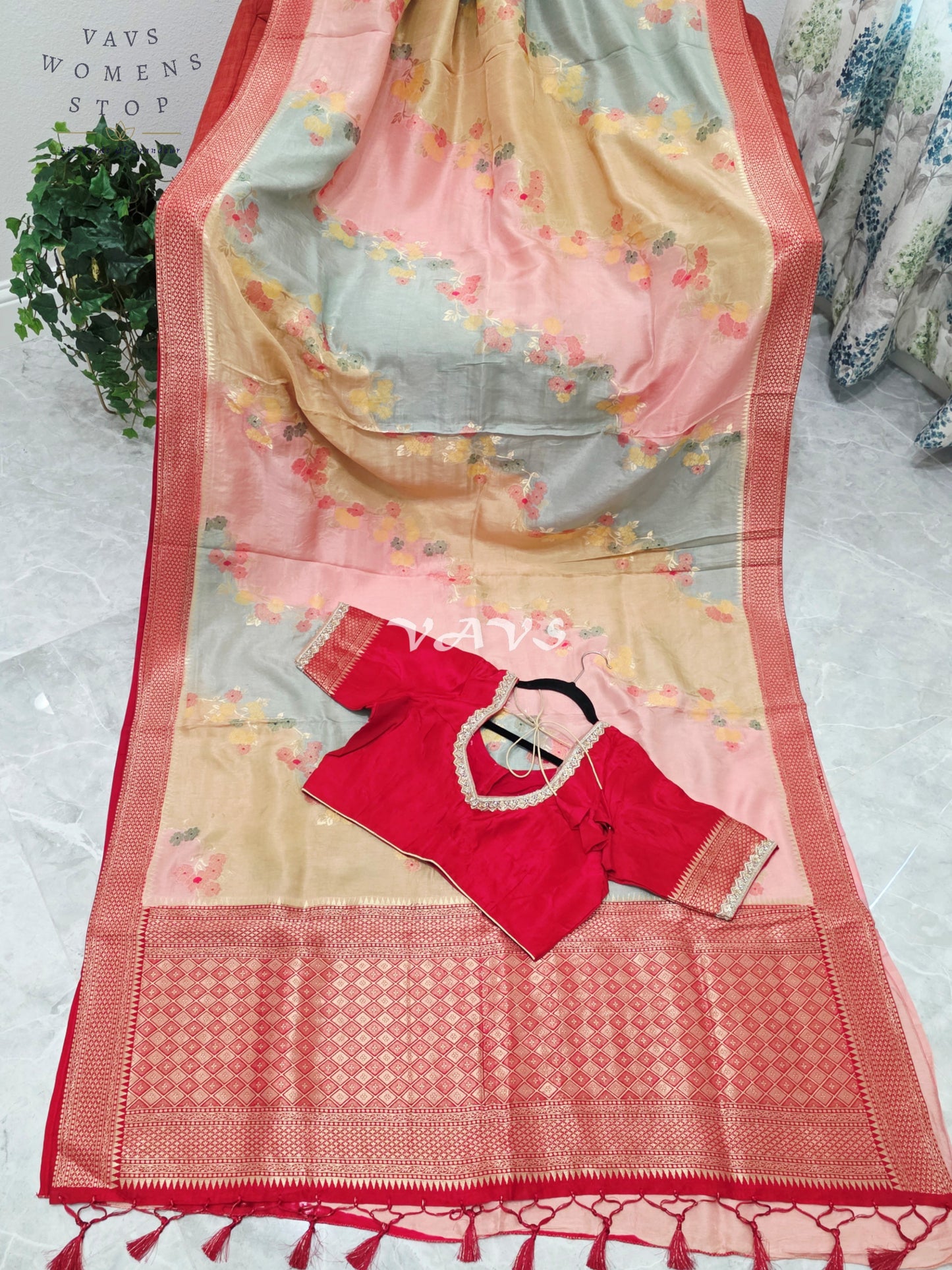 Royal Blush Pink & Mist Blue Pure Munga Crepe Tussar Silk Saree with Floral Weave & Designer Stitched Blouse Size 42-48