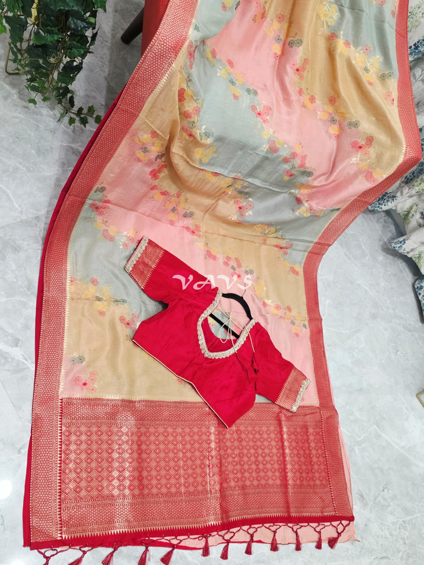 Royal Blush Pink & Mist Blue Pure Munga Crepe Tussar Silk Saree with Floral Weave & Designer Stitched Blouse Size 42-48