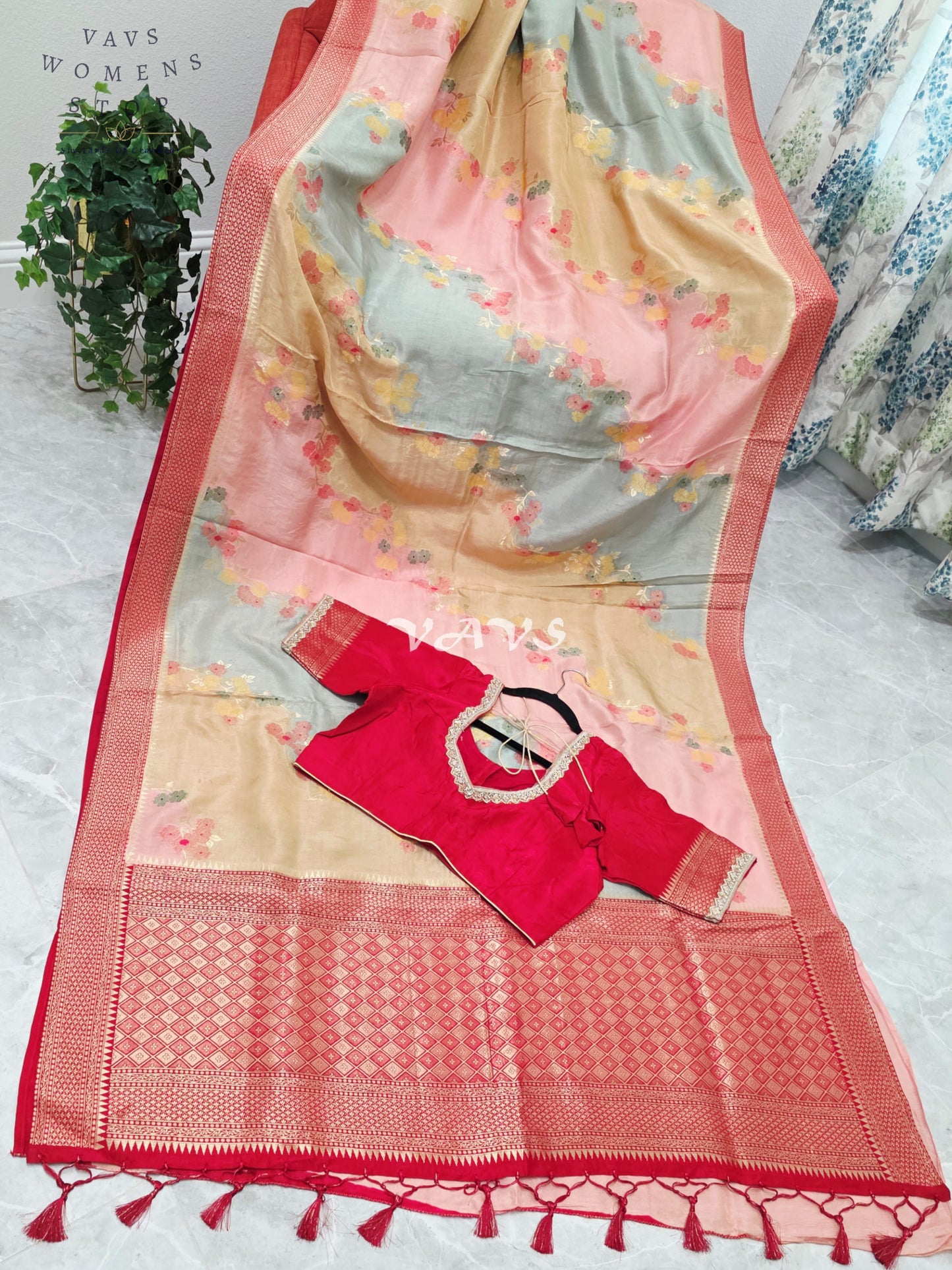 Royal Blush Pink & Mist Blue Pure Munga Crepe Tussar Silk Saree with Floral Weave & Designer Stitched Blouse Size 42-48