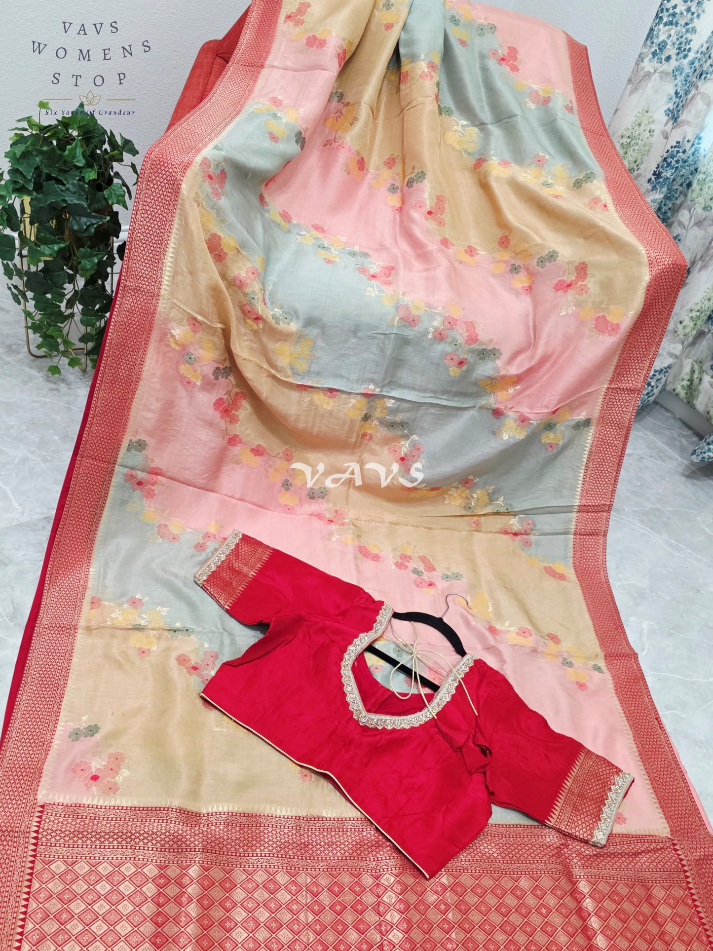 Royal Blush Pink & Mist Blue Pure Munga Crepe Tussar Silk Saree with Floral Weave & Designer Stitched Blouse Size 42-48