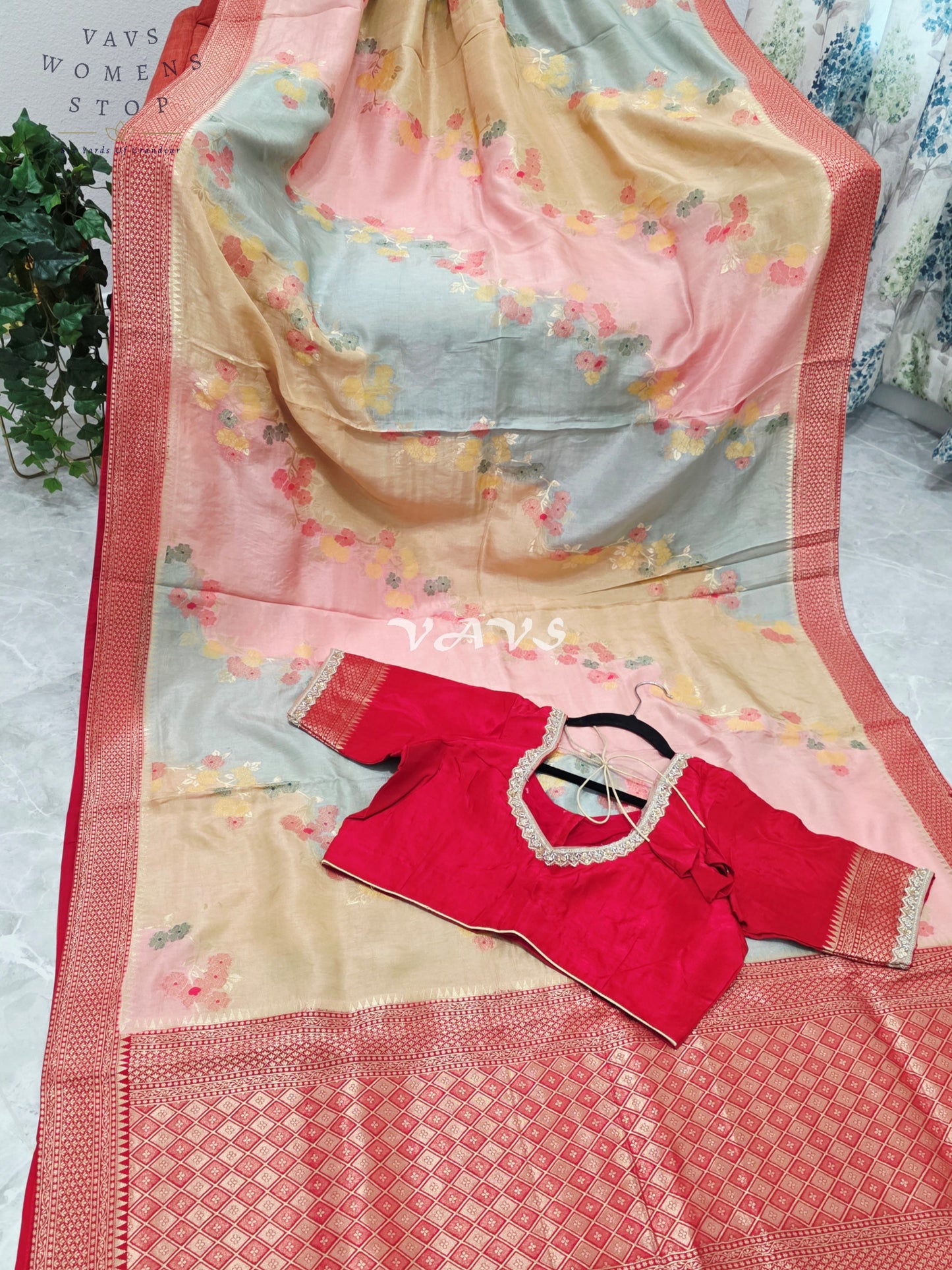 Royal Blush Pink & Mist Blue Pure Munga Crepe Tussar Silk Saree with Floral Weave & Designer Stitched Blouse Size 42-48