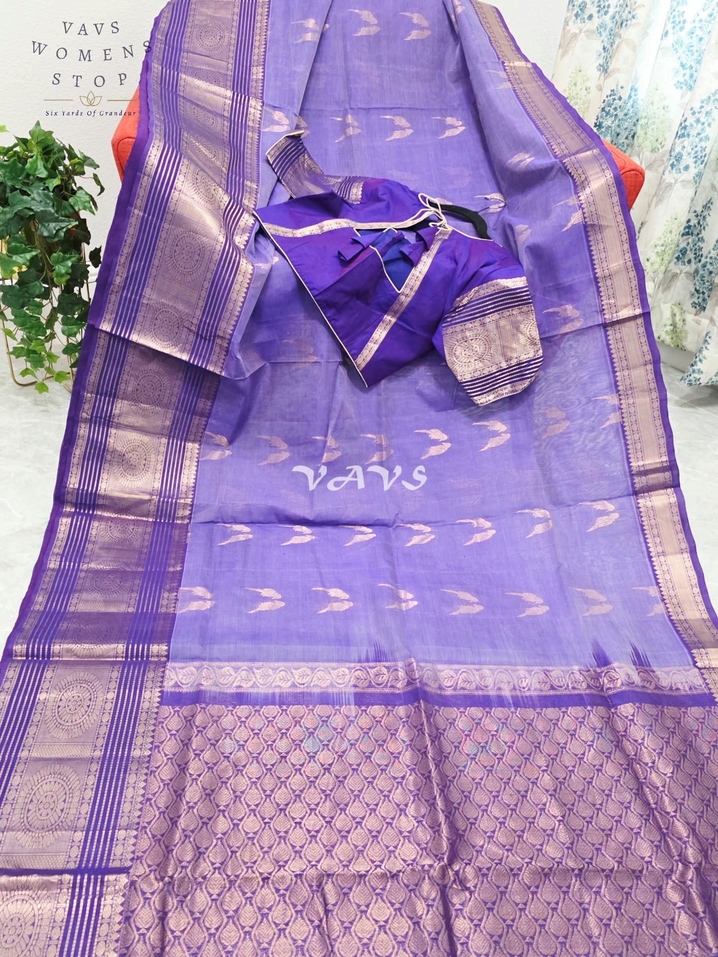 Royal Amethyst Purple Handloom Mangalagiri Pattu Silk Cotton Saree with Rose Gold Parrot Buttas & Stitched Blouse