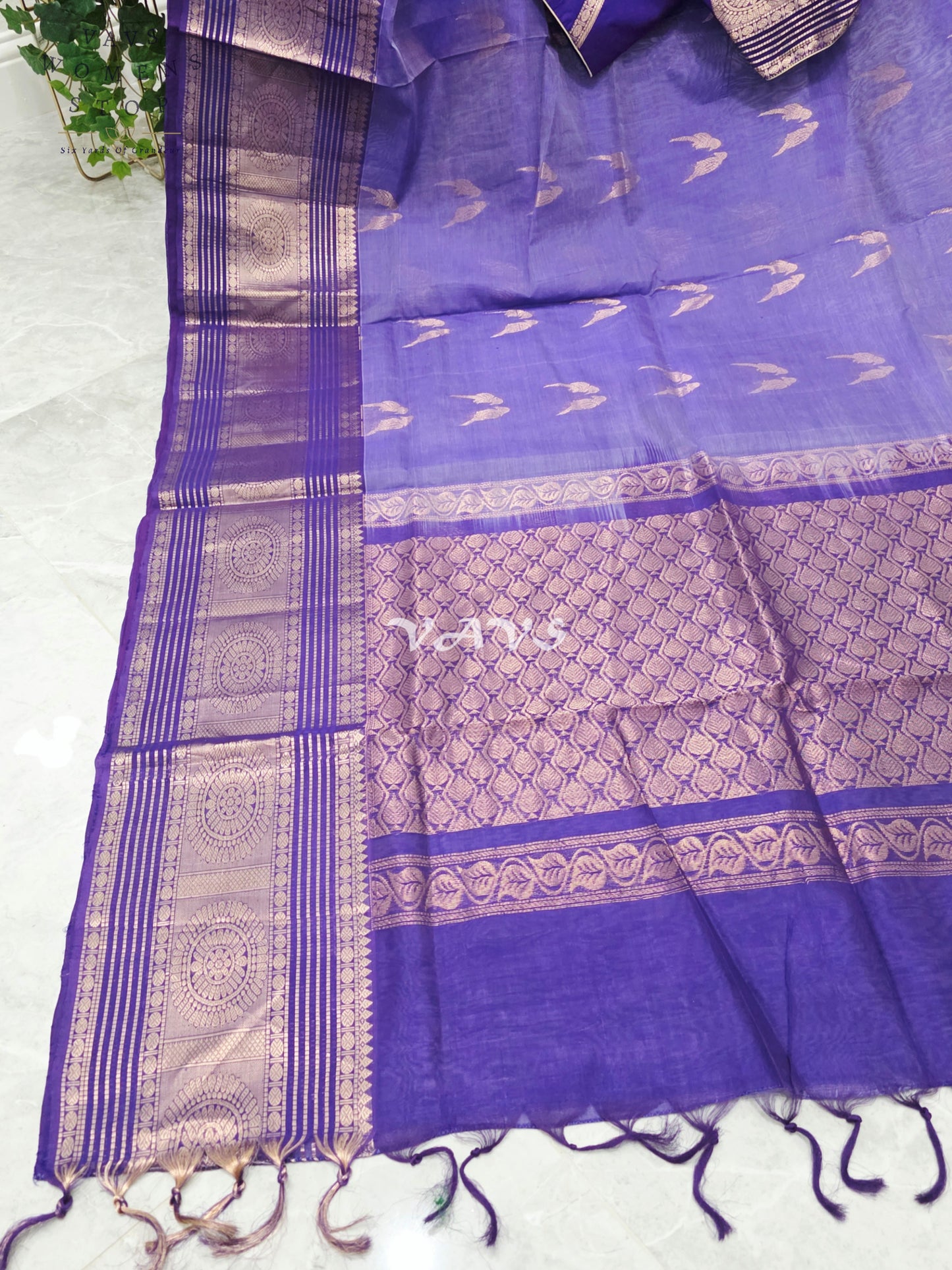 Royal Amethyst Purple Handloom Mangalagiri Pattu Silk Cotton Saree with Rose Gold Parrot Buttas & Stitched Blouse