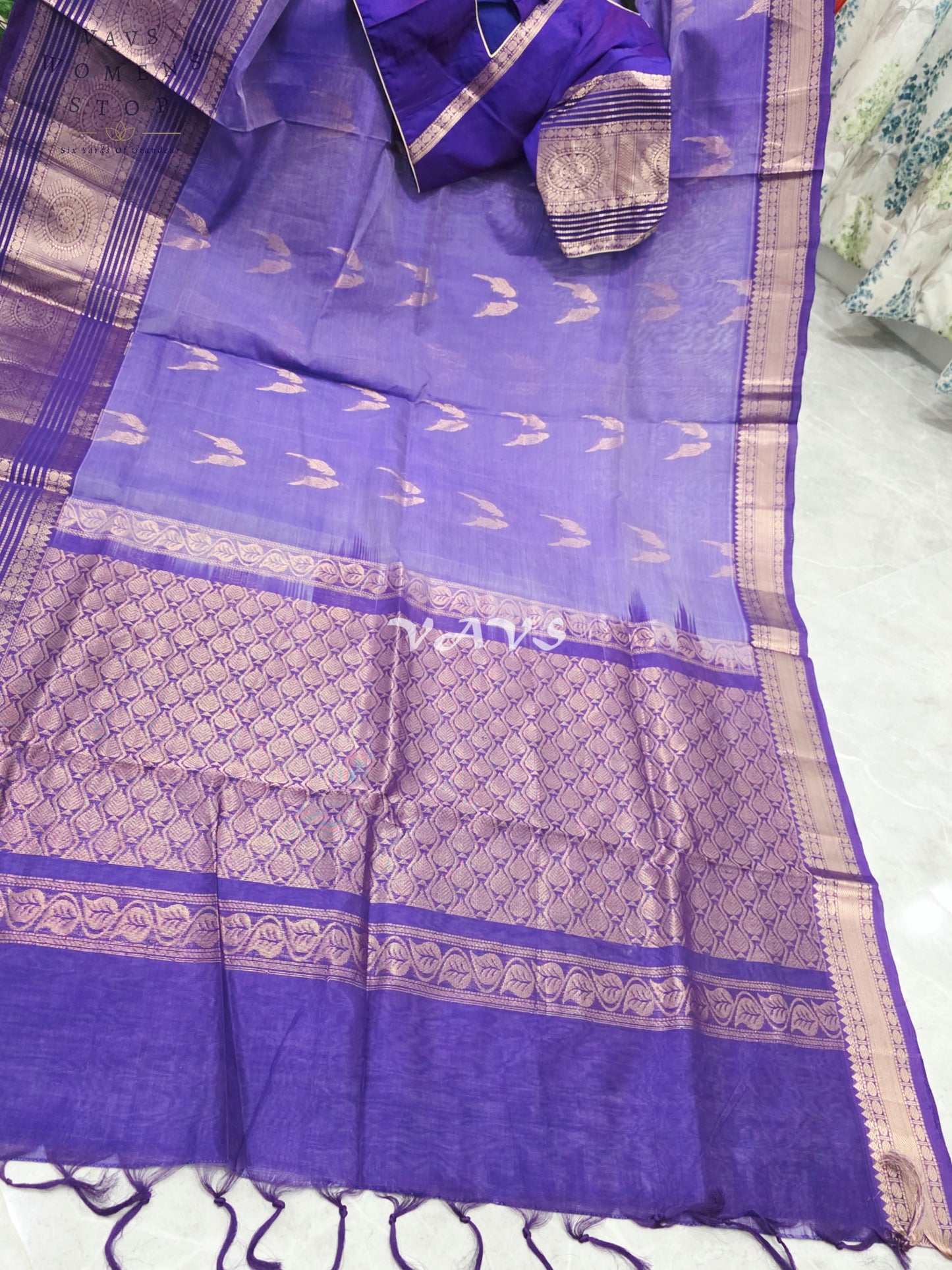 Royal Amethyst Purple Handloom Mangalagiri Pattu Silk Cotton Saree with Rose Gold Parrot Buttas & Stitched Blouse