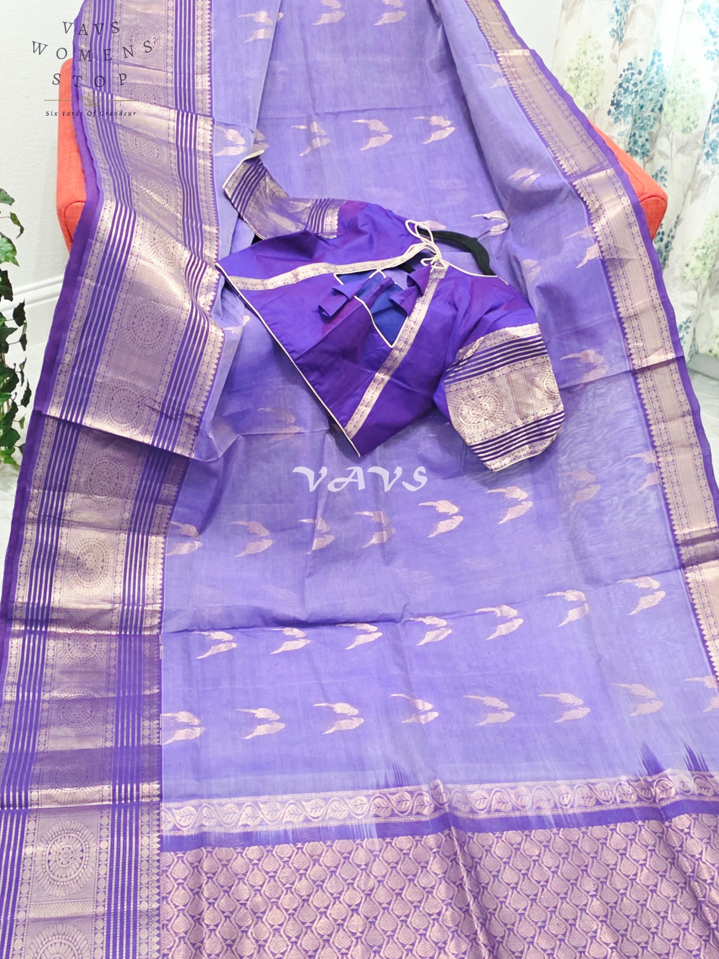 Royal Amethyst Purple Handloom Mangalagiri Pattu Silk Cotton Saree with Rose Gold Parrot Buttas & Stitched Blouse
