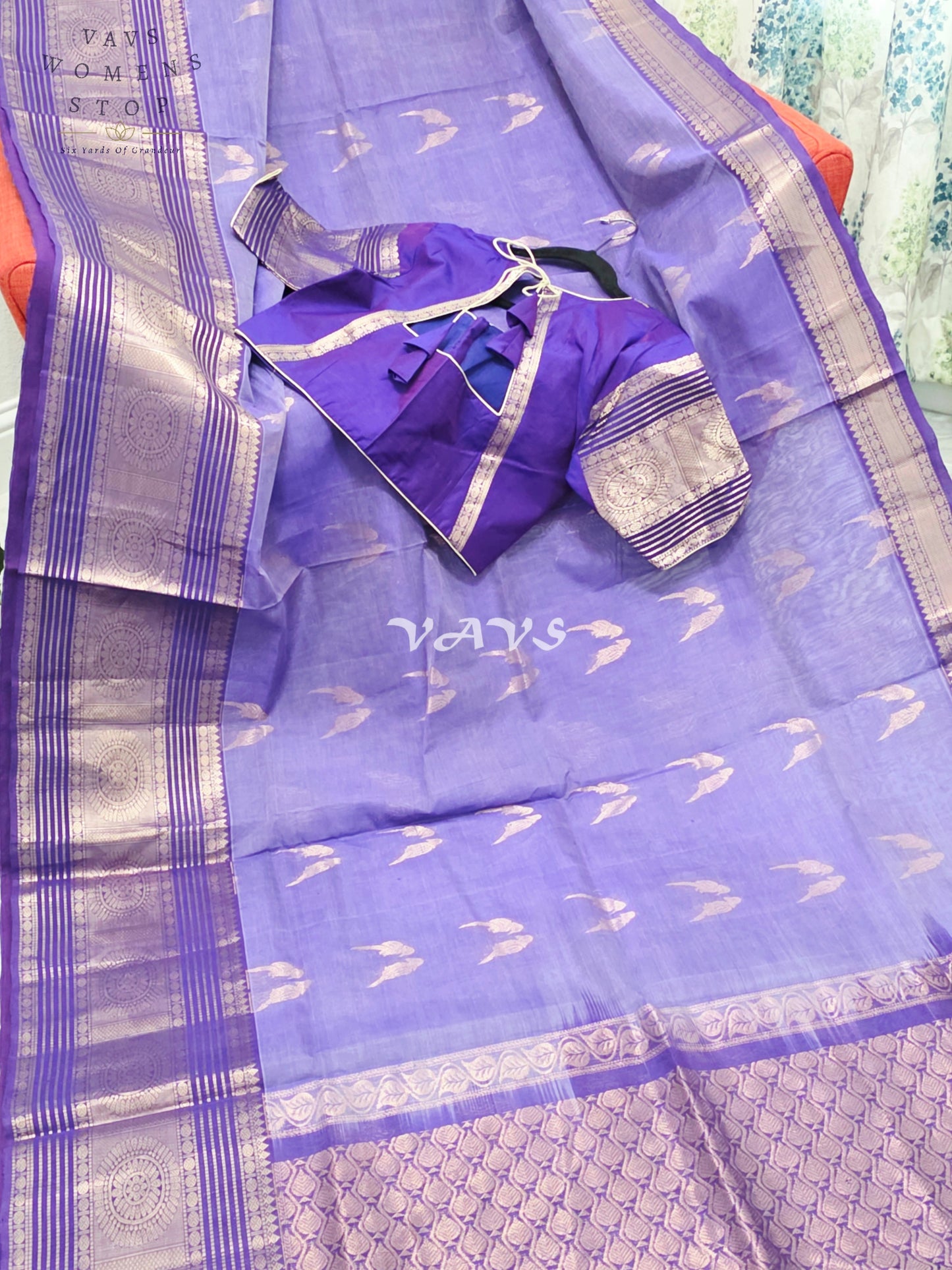 Royal Amethyst Purple Handloom Mangalagiri Pattu Silk Cotton Saree with Rose Gold Parrot Buttas & Stitched Blouse
