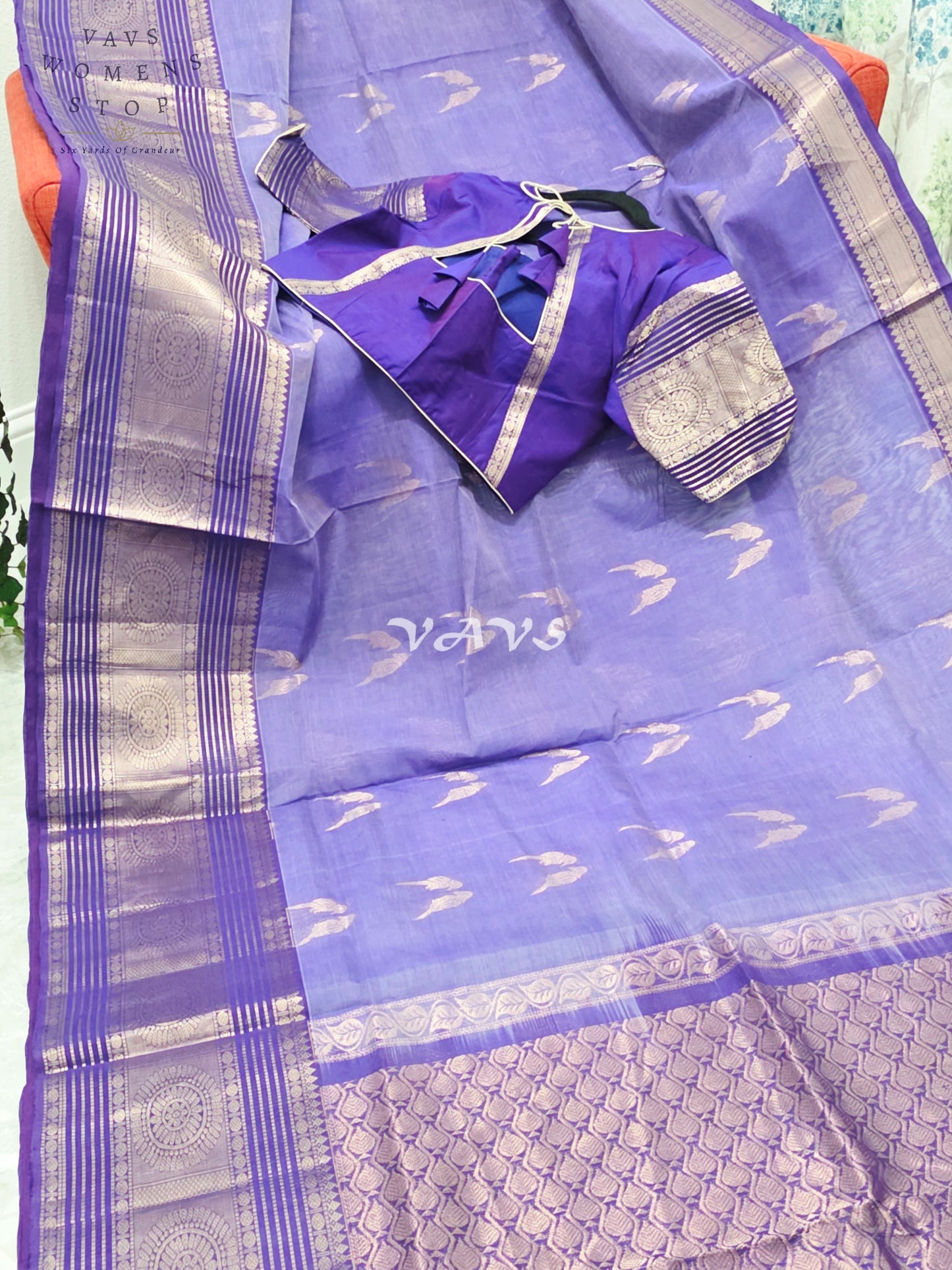 Royal Amethyst Purple Handloom Mangalagiri Pattu Silk Cotton Saree with Rose Gold Parrot Buttas & Stitched Blouse