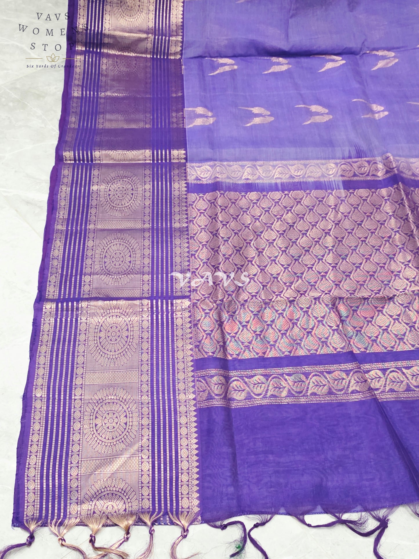 Royal Amethyst Purple Handloom Mangalagiri Pattu Silk Cotton Saree with Rose Gold Parrot Buttas & Stitched Blouse