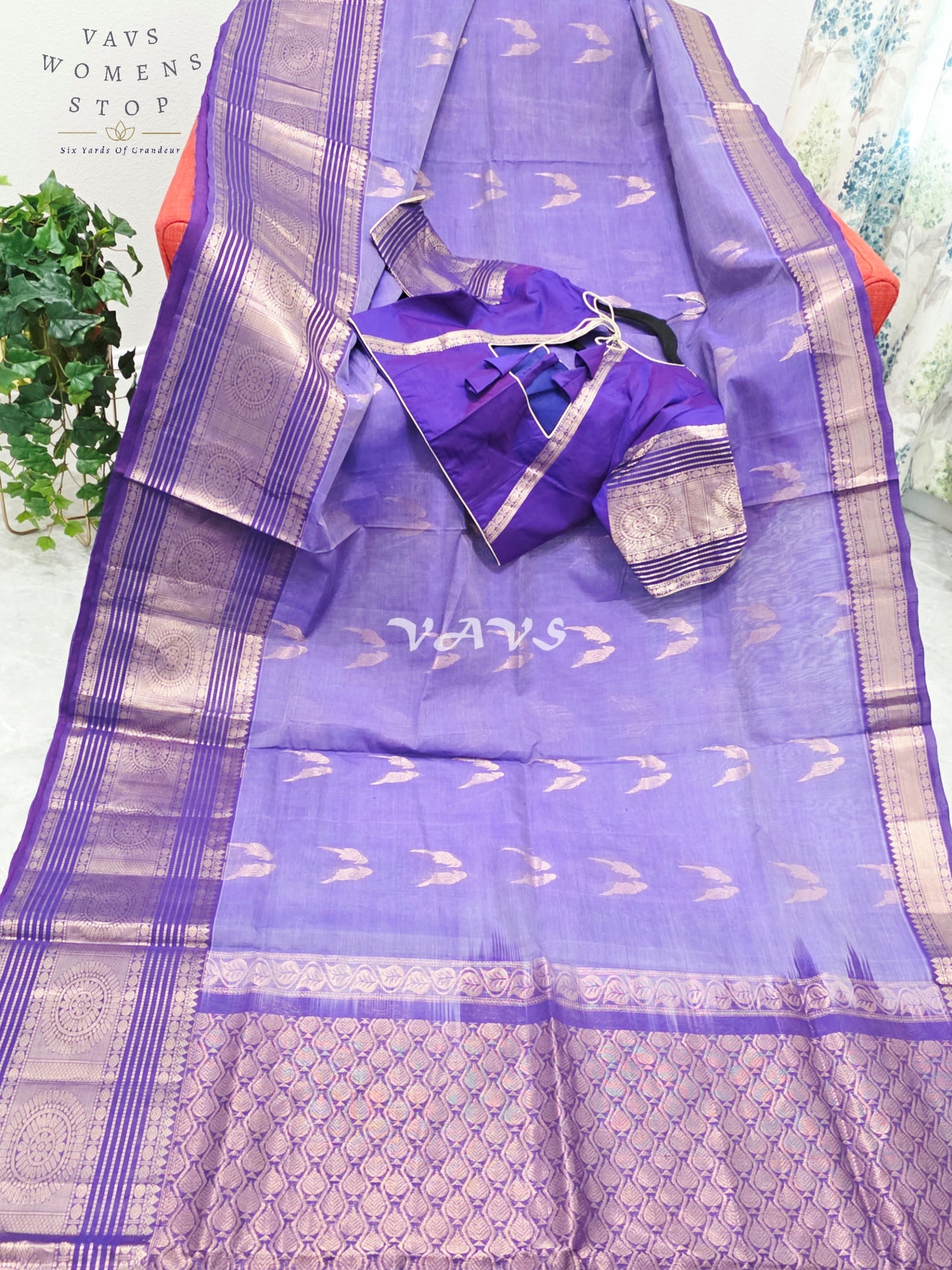 Royal Amethyst Purple Handloom Mangalagiri Pattu Silk Cotton Saree with Rose Gold Parrot Buttas & Stitched Blouse