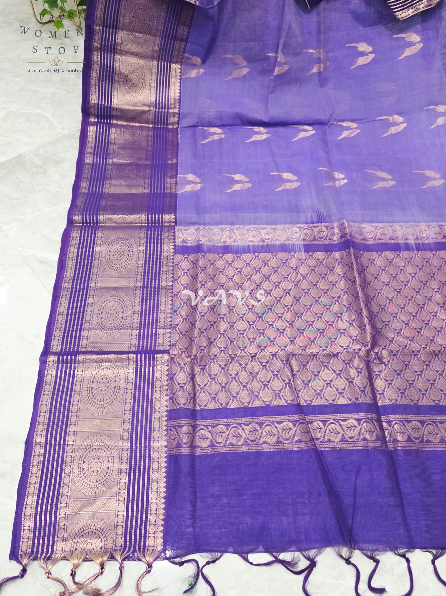 Royal Amethyst Purple Handloom Mangalagiri Pattu Silk Cotton Saree with Rose Gold Parrot Buttas & Stitched Blouse