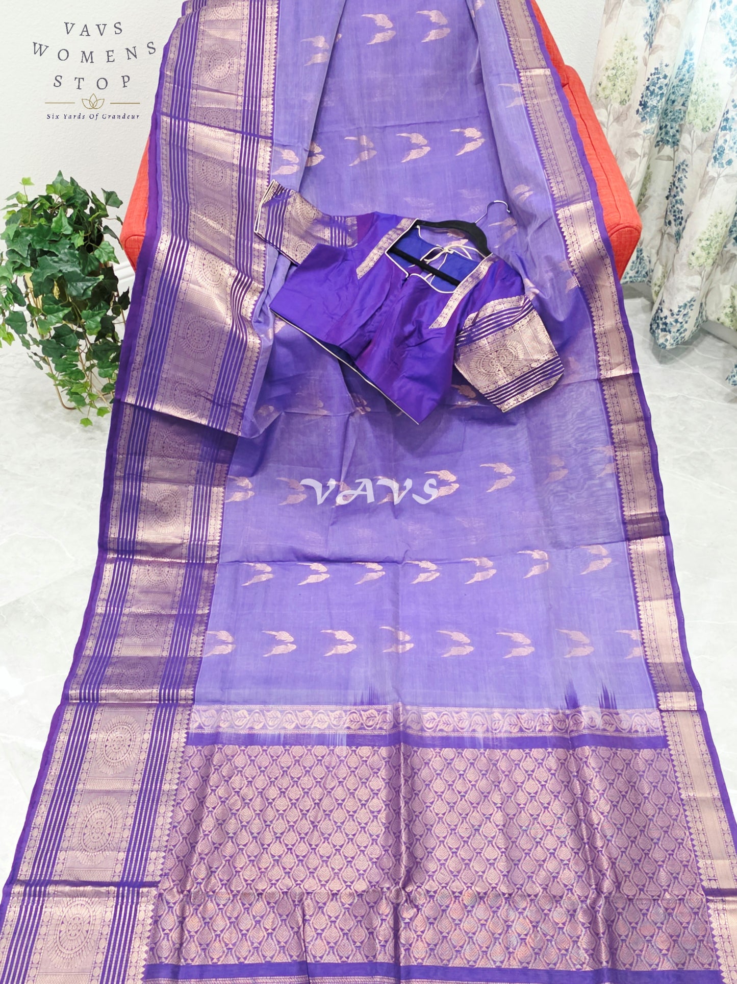Royal Amethyst Purple Handloom Mangalagiri Pattu Silk Cotton Saree with Rose Gold Parrot Buttas & Stitched Blouse