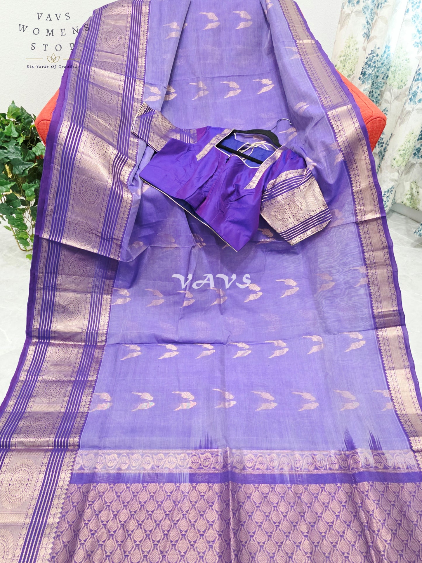 Royal Amethyst Purple Handloom Mangalagiri Pattu Silk Cotton Saree with Rose Gold Parrot Buttas & Stitched Blouse