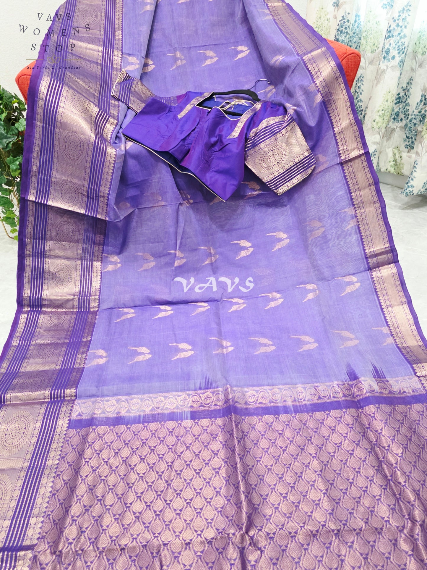 Royal Amethyst Purple Handloom Mangalagiri Pattu Silk Cotton Saree with Rose Gold Parrot Buttas & Stitched Blouse