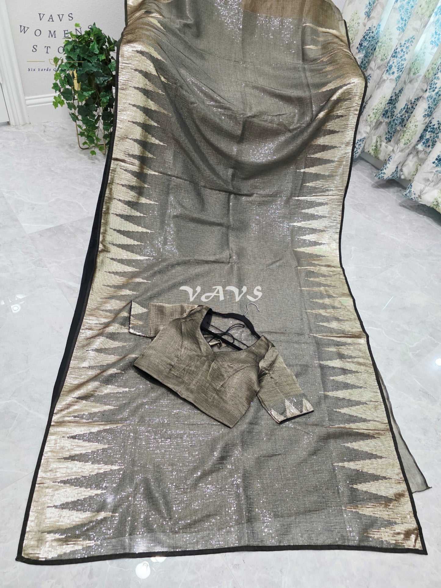 Royal Midnight Graphite Black Metallic Tissue Saree with Antique Gold Temple Border, Sequin Embellishments & Stitched Blouse