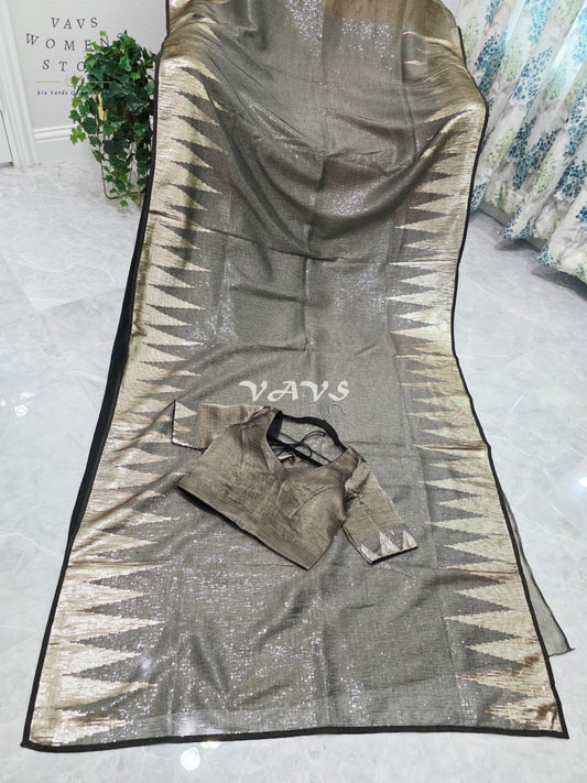 Royal Midnight Graphite Black Metallic Tissue Saree with Antique Gold Temple Border, Sequin Embellishments & Stitched Blouse