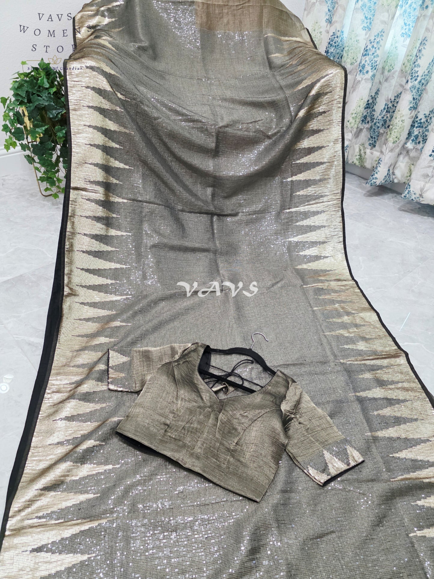 Royal Midnight Graphite Black Metallic Tissue Saree with Antique Gold Temple Border, Sequin Embellishments & Stitched Blouse