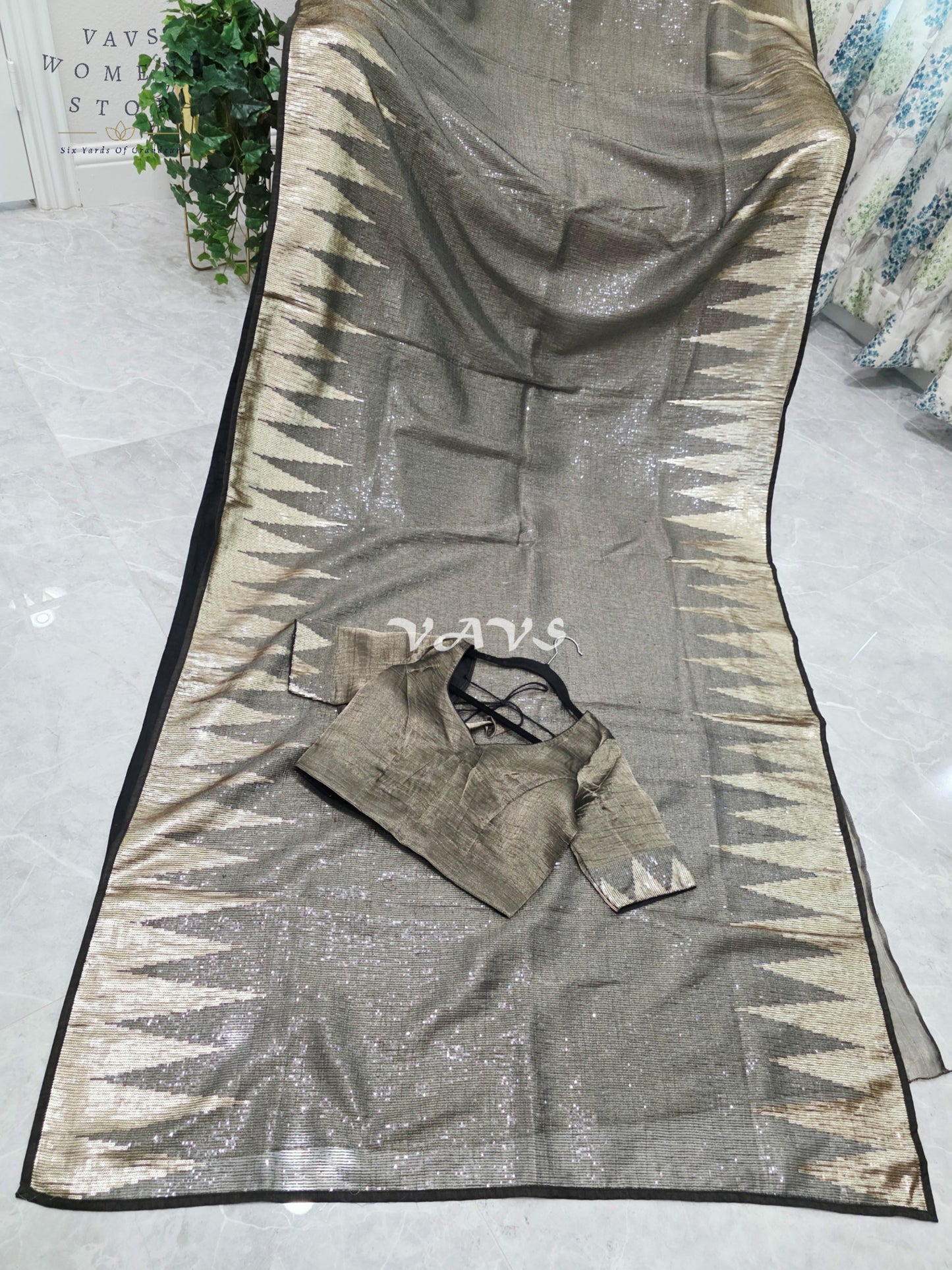 Royal Midnight Graphite Black Metallic Tissue Saree with Antique Gold Temple Border, Sequin Embellishments & Stitched Blouse