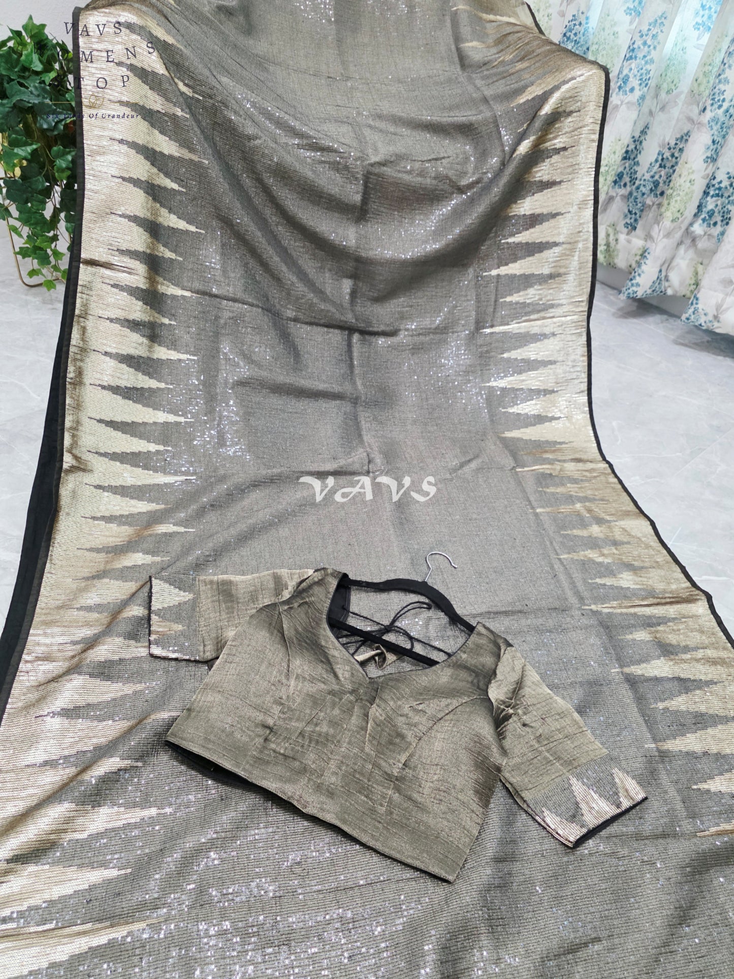 Royal Midnight Graphite Black Metallic Tissue Saree with Antique Gold Temple Border, Sequin Embellishments & Stitched Blouse