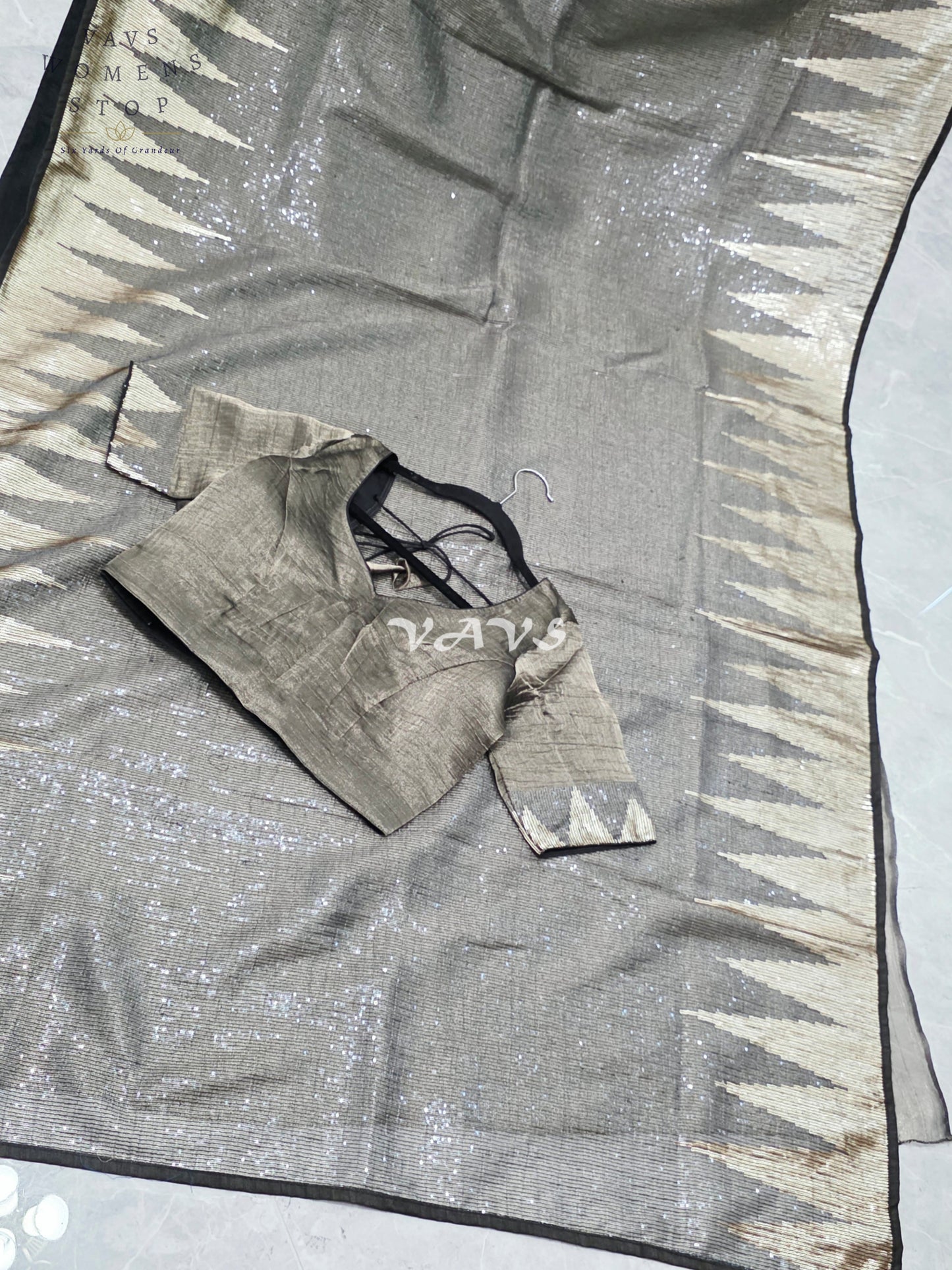 Royal Midnight Graphite Black Metallic Tissue Saree with Antique Gold Temple Border, Sequin Embellishments & Stitched Blouse