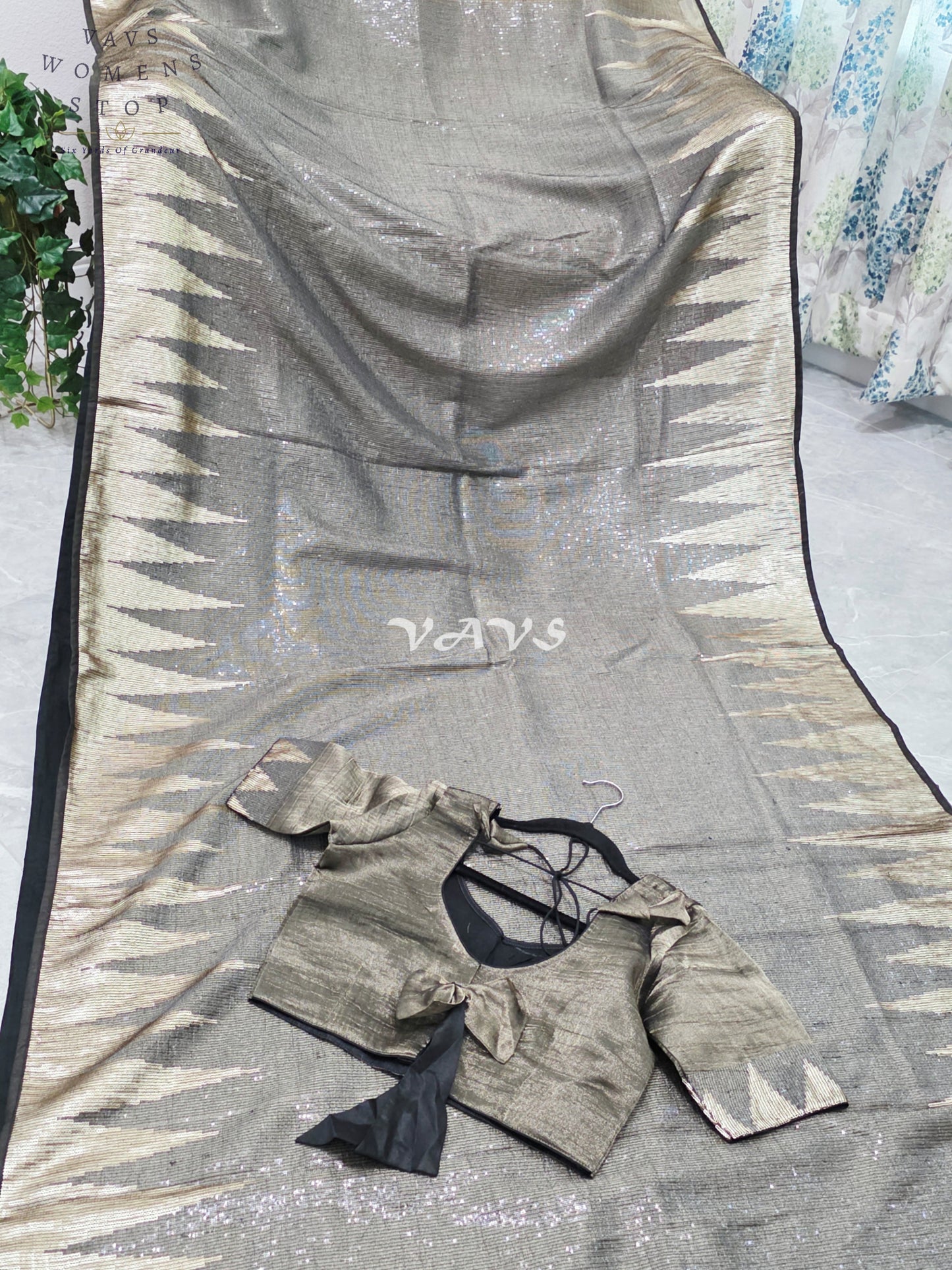 Royal Midnight Graphite Black Metallic Tissue Saree with Antique Gold Temple Border, Sequin Embellishments & Stitched Blouse