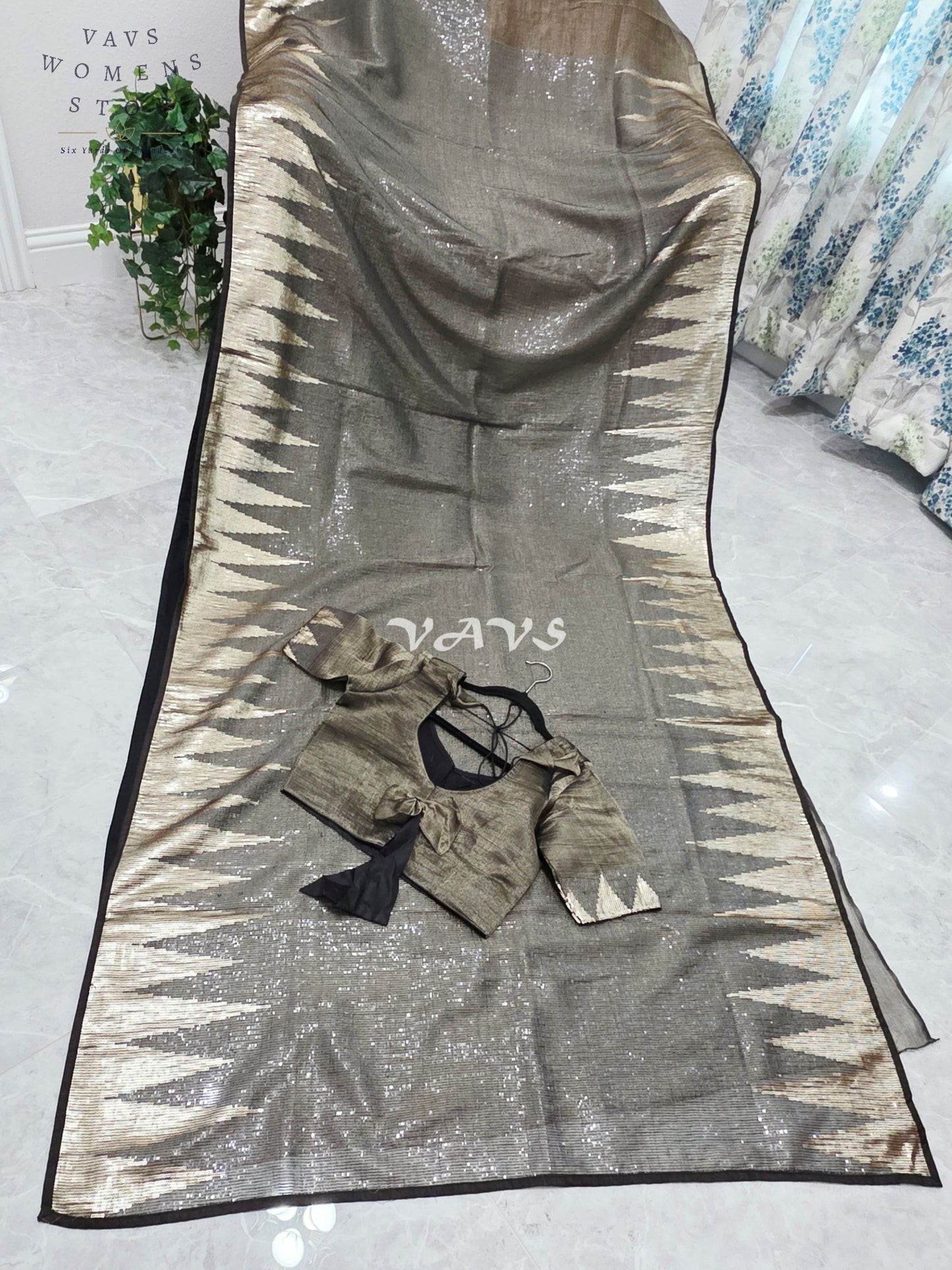 Royal Midnight Graphite Black Metallic Tissue Saree with Antique Gold Temple Border, Sequin Embellishments & Stitched Blouse