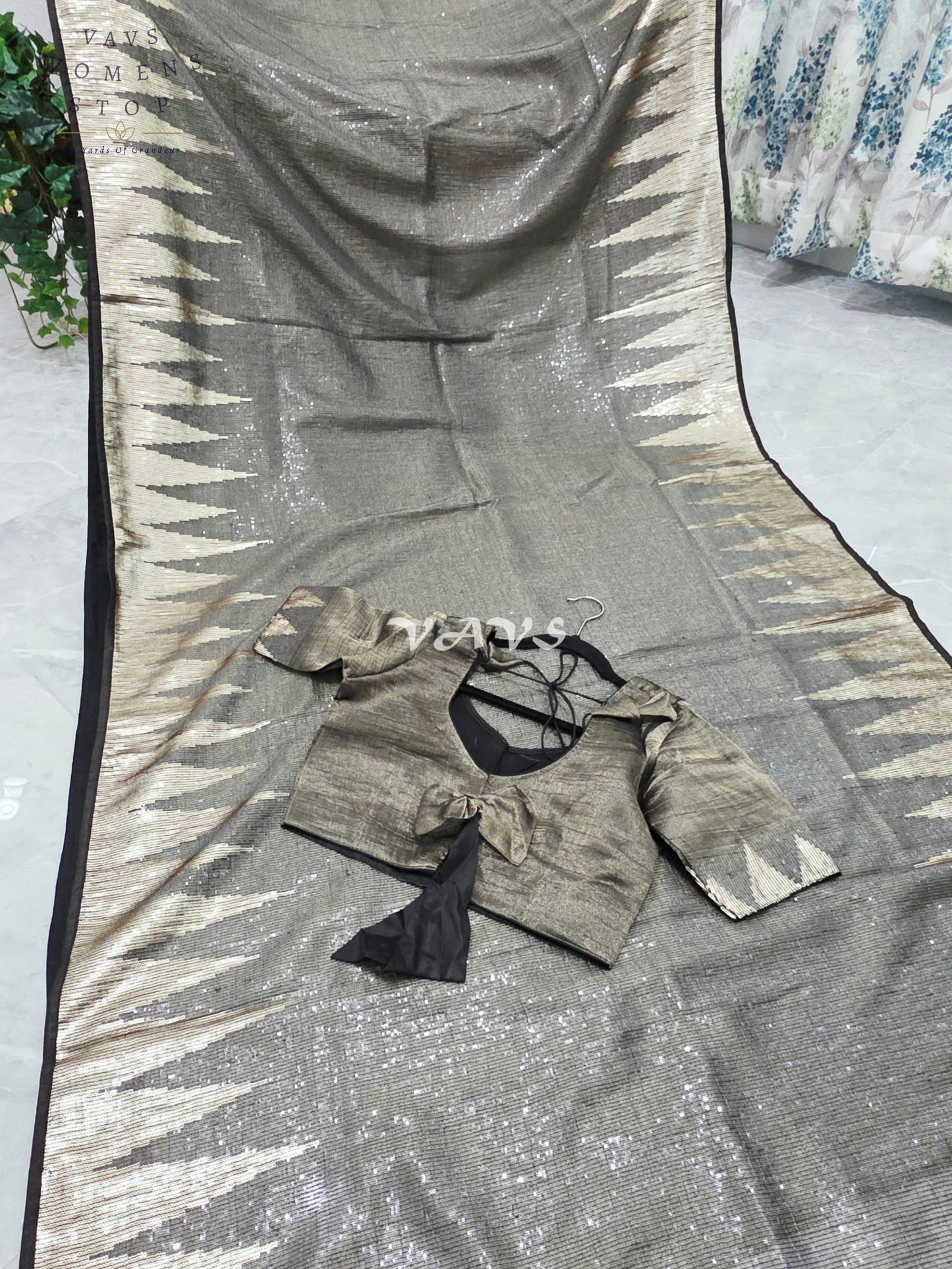 Royal Midnight Graphite Black Metallic Tissue Saree with Antique Gold Temple Border, Sequin Embellishments & Stitched Blouse