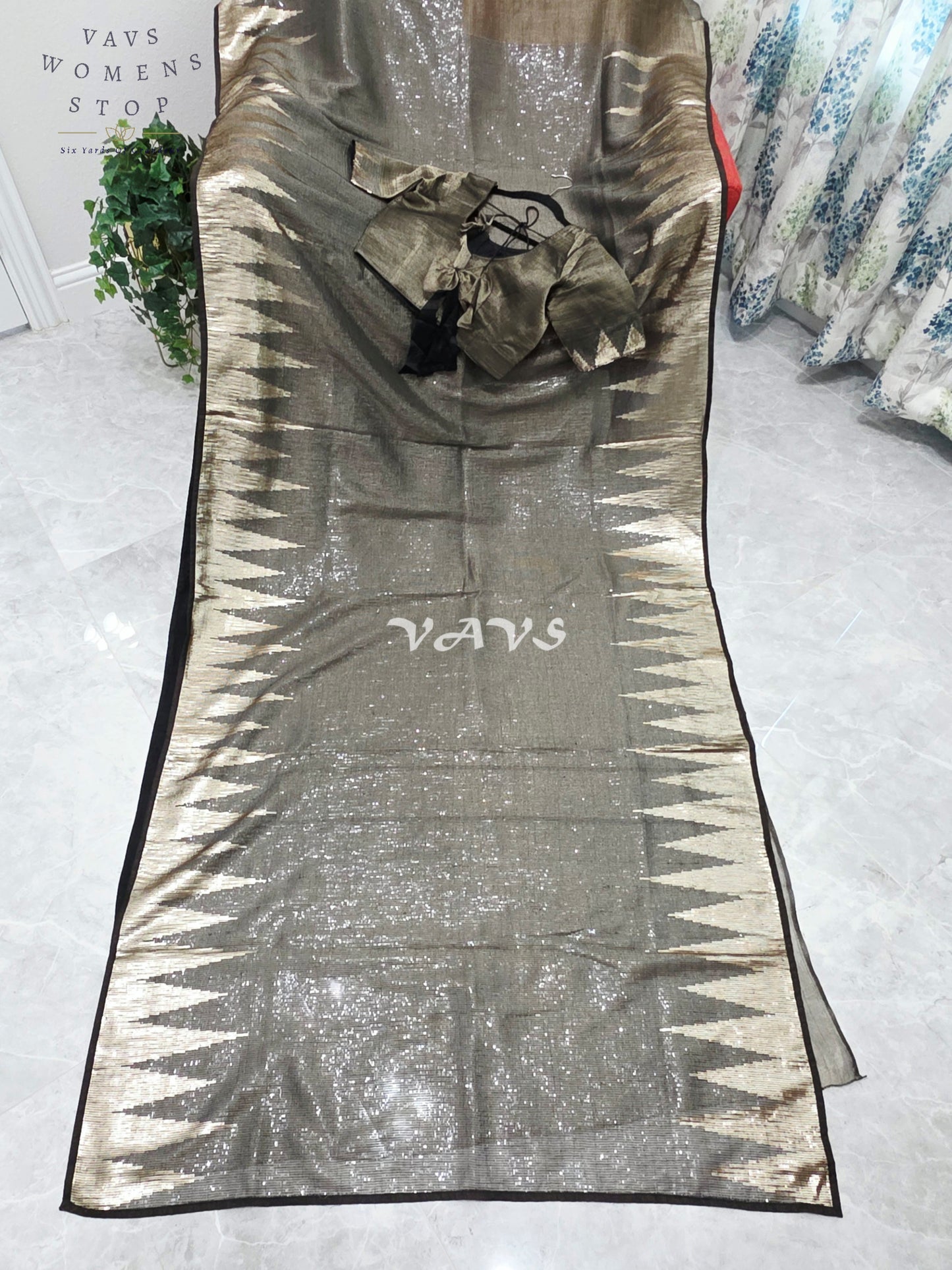 Royal Midnight Graphite Black Metallic Tissue Saree with Antique Gold Temple Border, Sequin Embellishments & Stitched Blouse