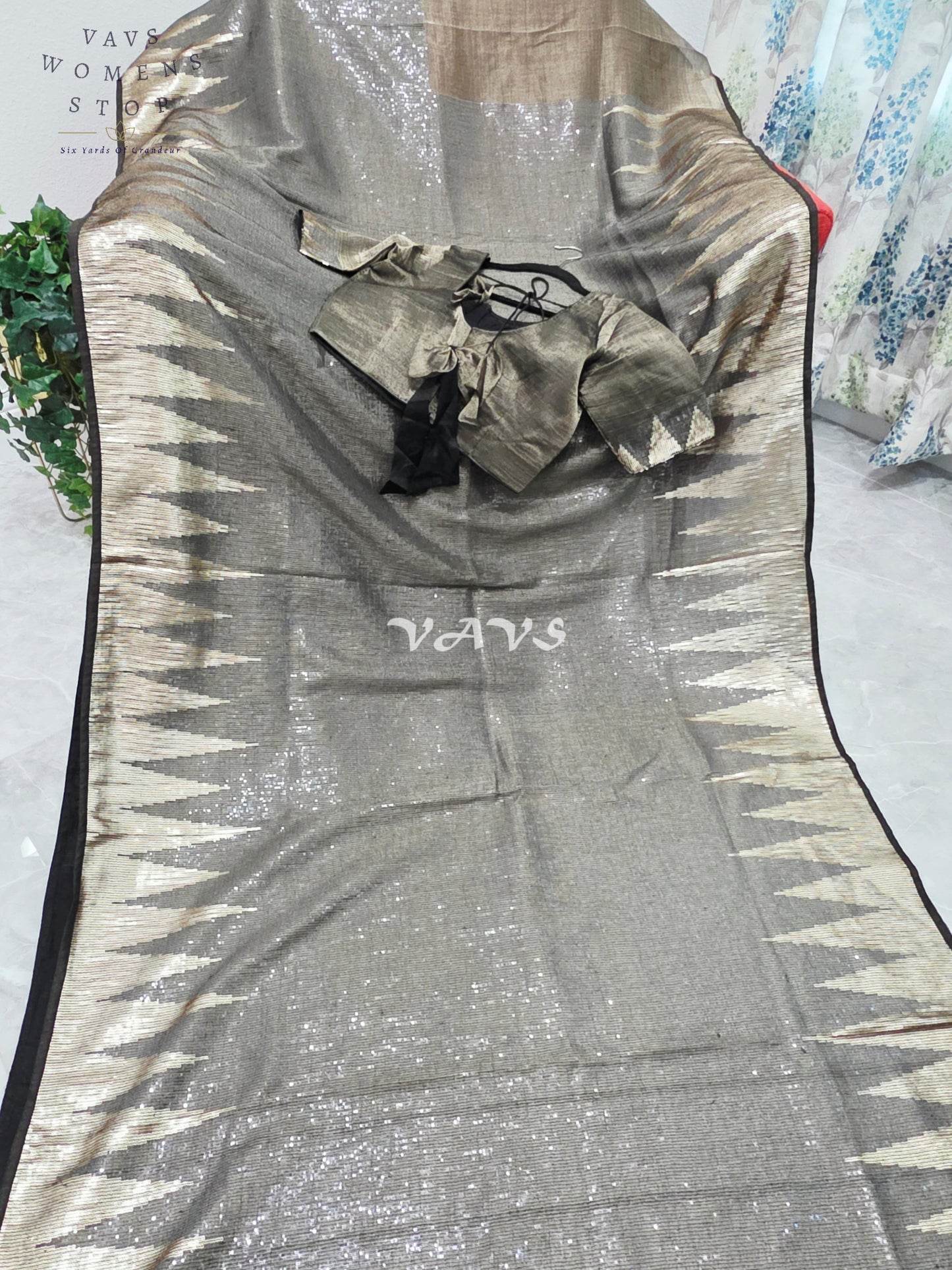Royal Midnight Graphite Black Metallic Tissue Saree with Antique Gold Temple Border, Sequin Embellishments & Stitched Blouse
