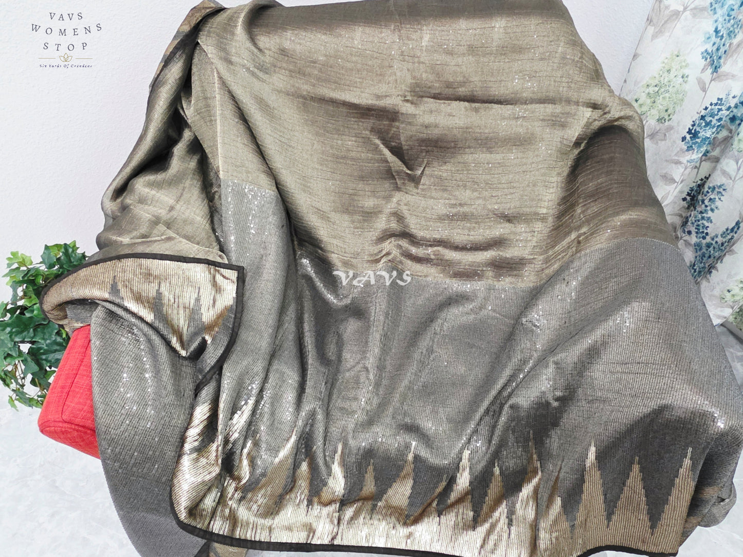 Royal Midnight Graphite Black Metallic Tissue Saree with Antique Gold Temple Border, Sequin Embellishments & Stitched Blouse