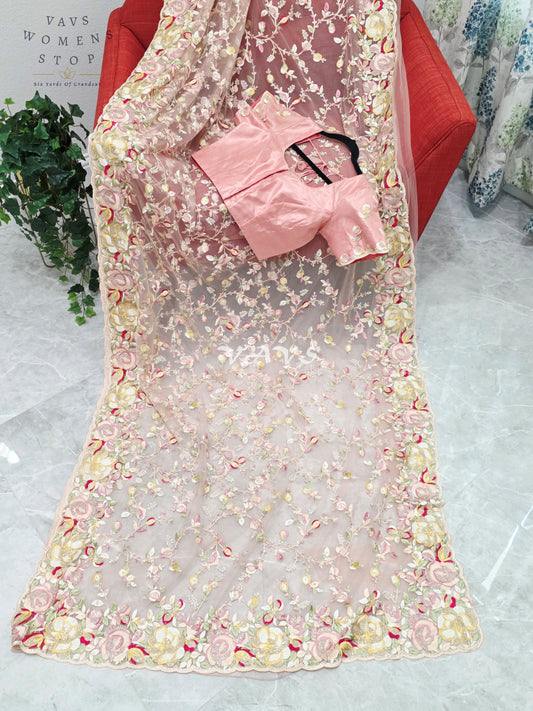Royal Vintage Blush Rose Pink Soft Net Cocktail Saree with Multicolor Floral Embroidery, Crystal Stonework & Stitched Blouse