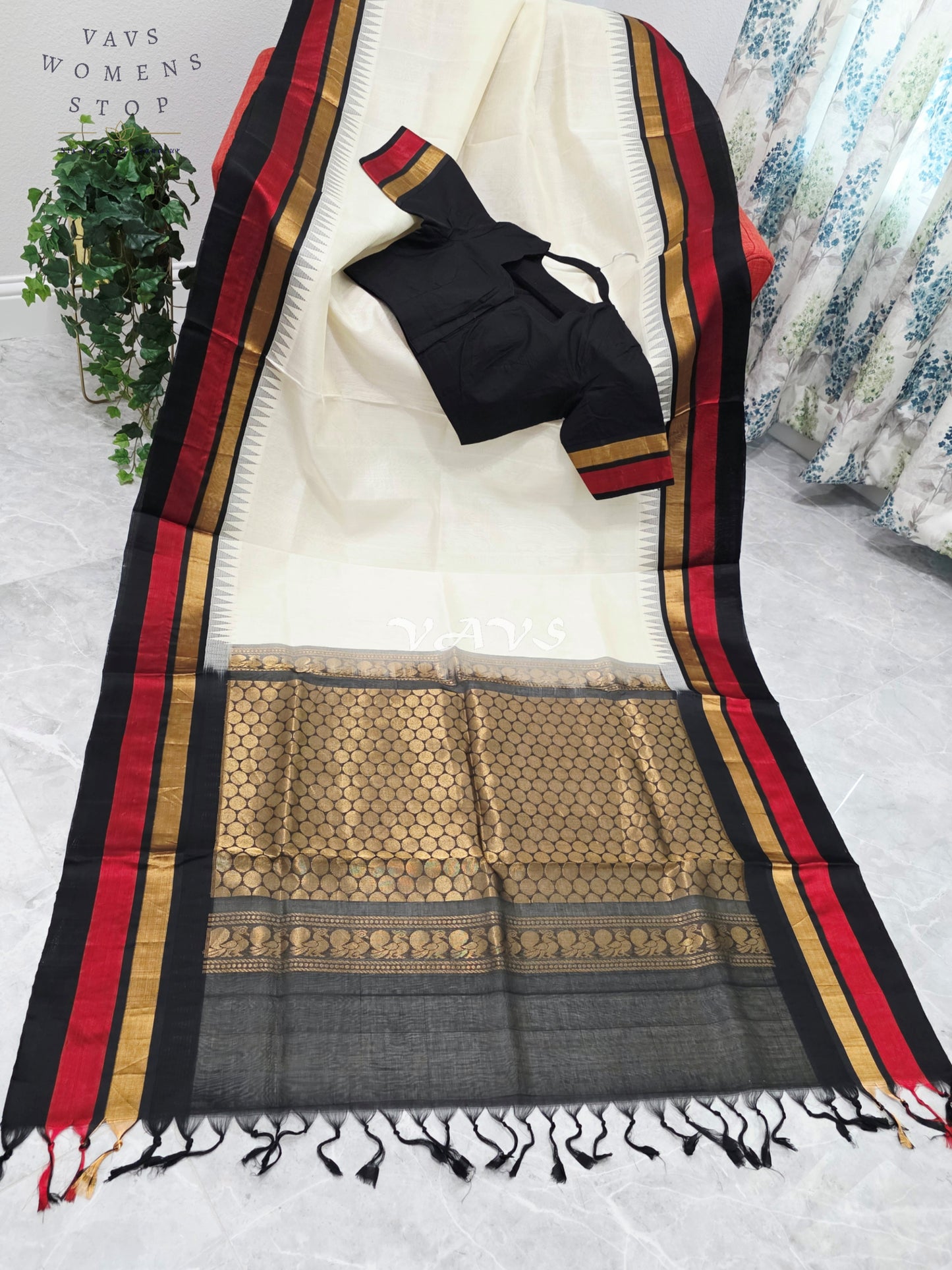 Royal Ivory Cream Handloom Kuppadam Pattu Silk Cotton Saree with Jet Black, Crimson Red & Antique Gold Border and Stitched Blouse