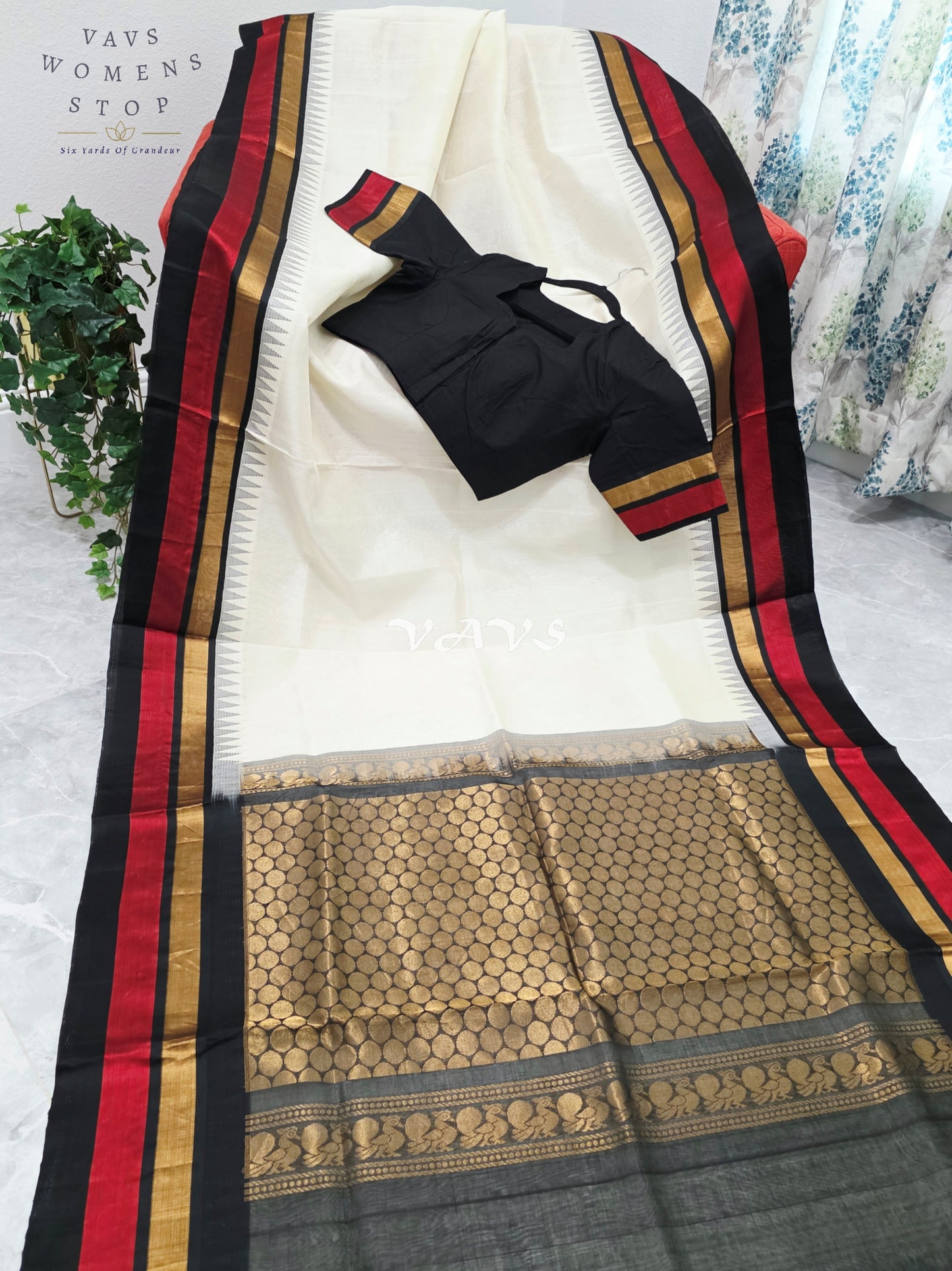 Royal Ivory Cream Handloom Kuppadam Pattu Silk Cotton Saree with Jet Black, Crimson Red & Antique Gold Border and Stitched Blouse