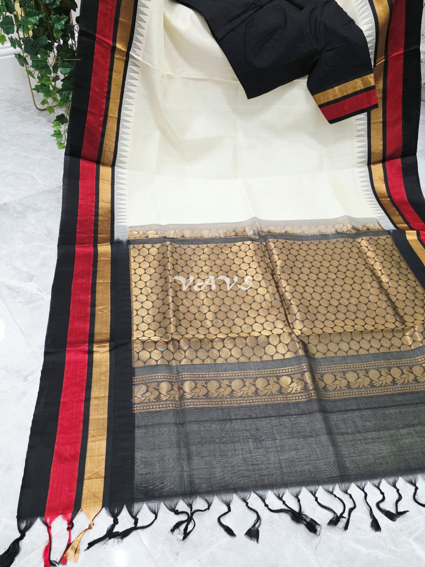 Royal Ivory Cream Handloom Kuppadam Pattu Silk Cotton Saree with Jet Black, Crimson Red & Antique Gold Border and Stitched Blouse