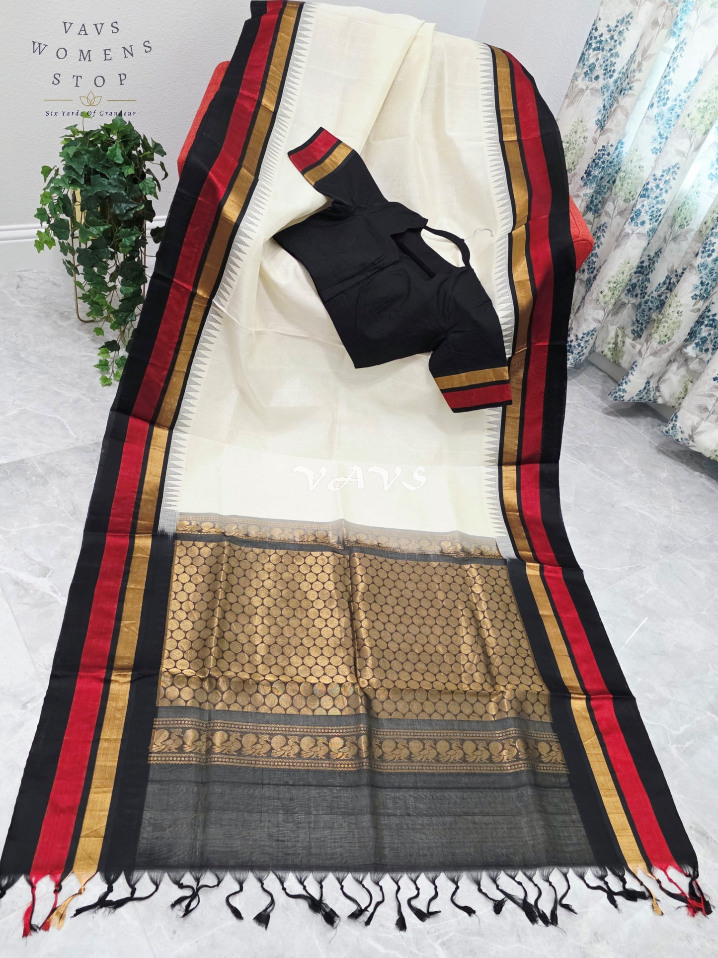 Royal Ivory Cream Handloom Kuppadam Pattu Silk Cotton Saree with Jet Black, Crimson Red & Antique Gold Border and Stitched Blouse
