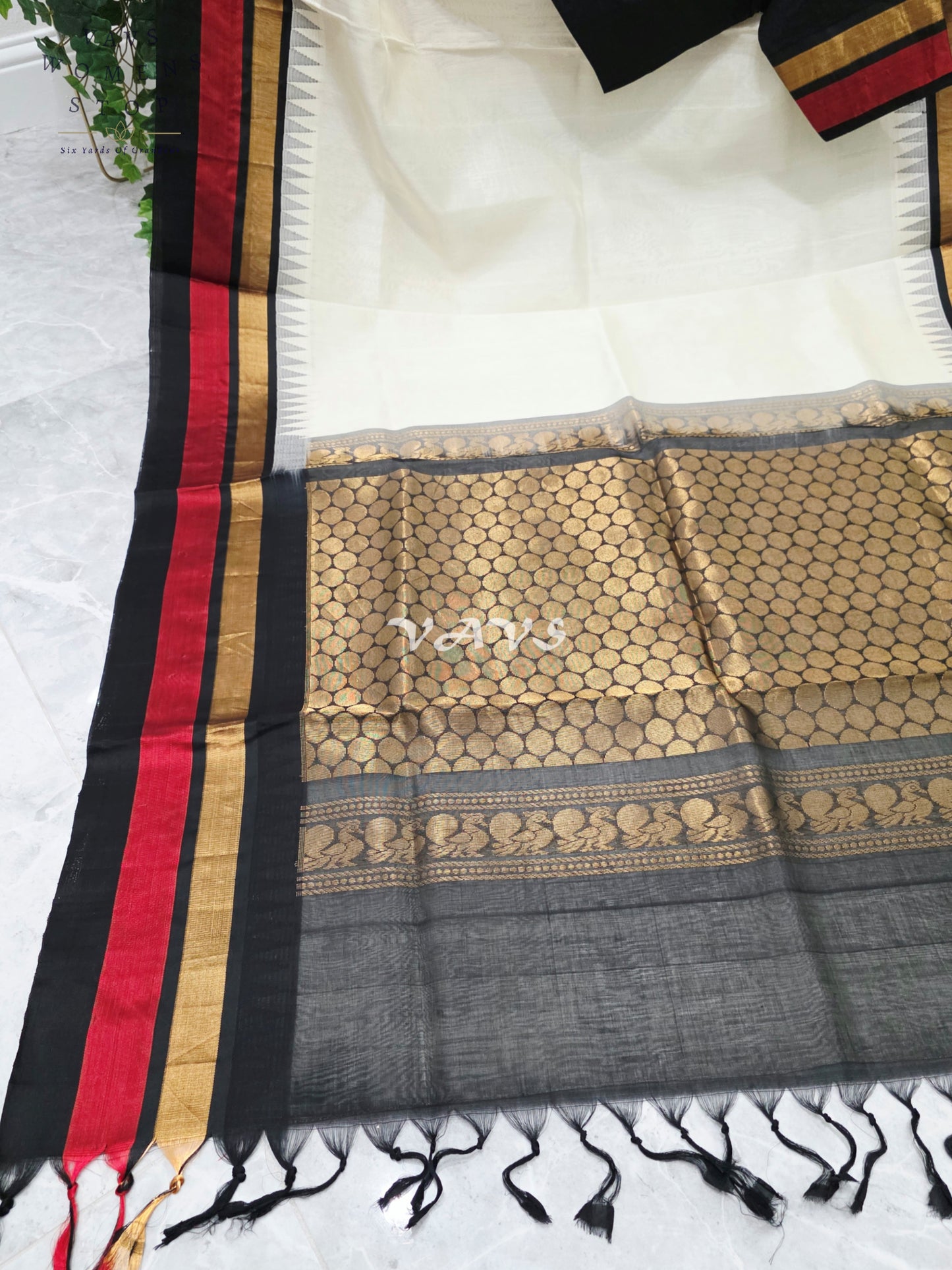 Royal Ivory Cream Handloom Kuppadam Pattu Silk Cotton Saree with Jet Black, Crimson Red & Antique Gold Border and Stitched Blouse