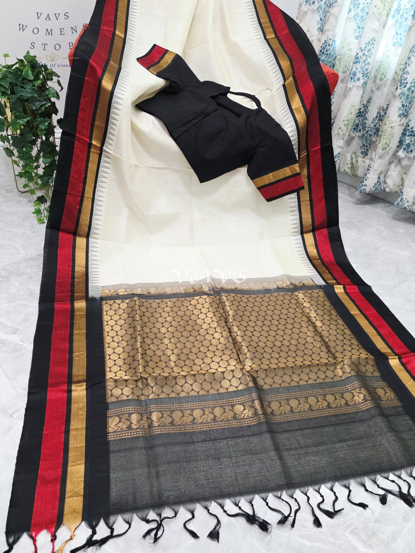 Royal Ivory Cream Handloom Kuppadam Pattu Silk Cotton Saree with Jet Black, Crimson Red & Antique Gold Border and Stitched Blouse