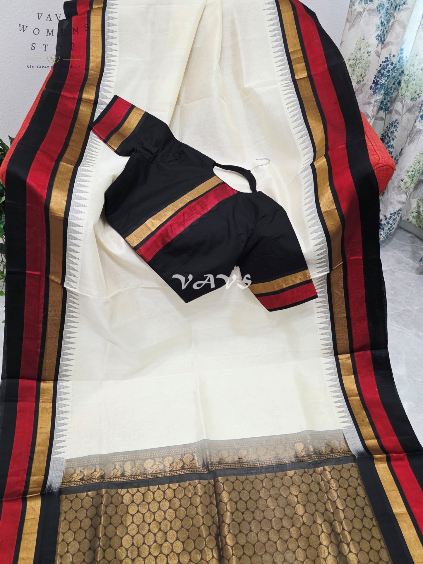 Royal Ivory Cream Handloom Kuppadam Pattu Silk Cotton Saree with Jet Black, Crimson Red & Antique Gold Border and Stitched Blouse