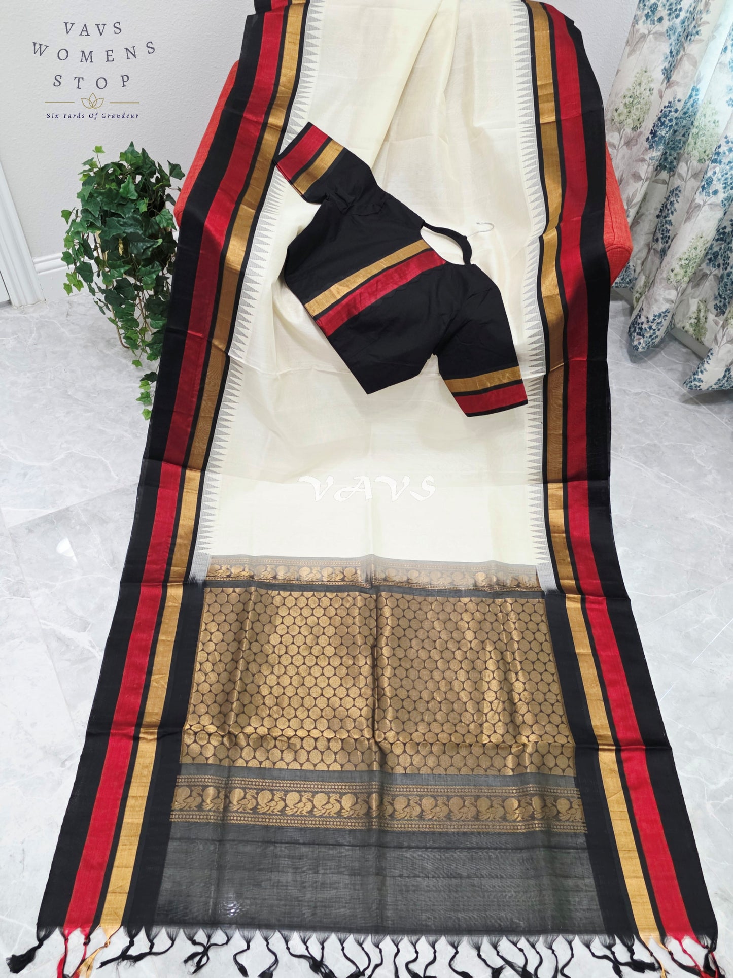 Royal Ivory Cream Handloom Kuppadam Pattu Silk Cotton Saree with Jet Black, Crimson Red & Antique Gold Border and Stitched Blouse