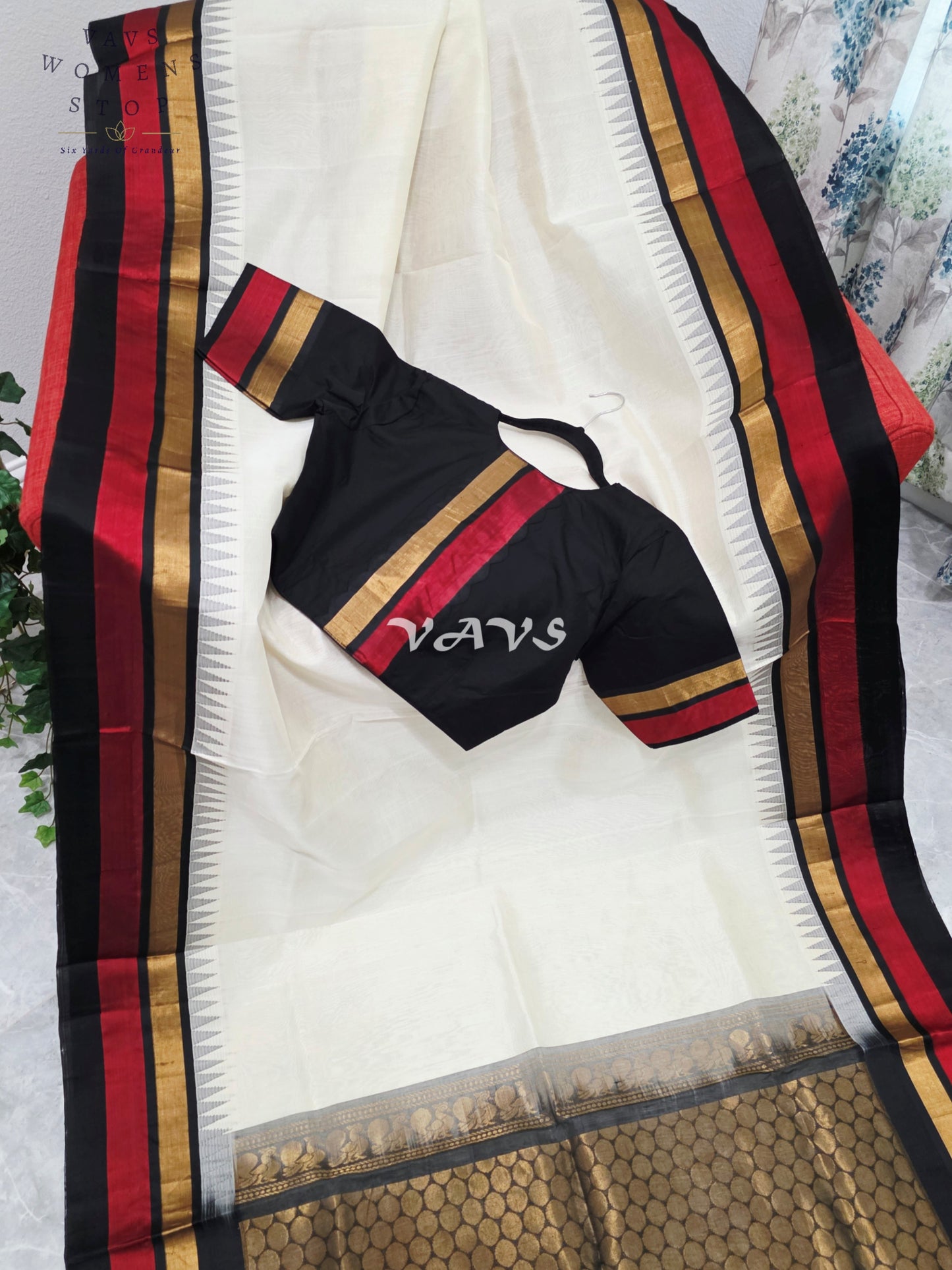 Royal Ivory Cream Handloom Kuppadam Pattu Silk Cotton Saree with Jet Black, Crimson Red & Antique Gold Border and Stitched Blouse