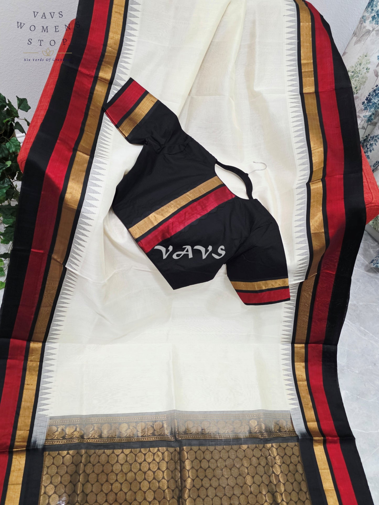 Royal Ivory Cream Handloom Kuppadam Pattu Silk Cotton Saree with Jet Black, Crimson Red & Antique Gold Border and Stitched Blouse