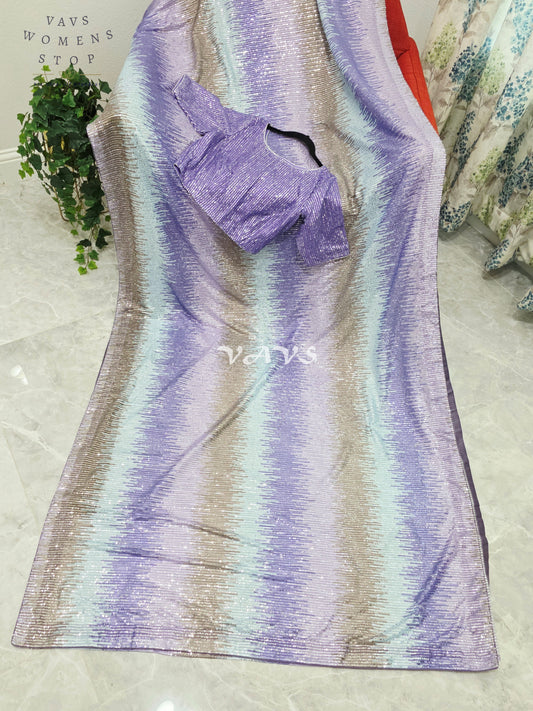 Royal Lavender Orchid, Icy Aqua Mint & Champagne Rose Gold Shaded Net Sequin Saree with Stitched Blouse