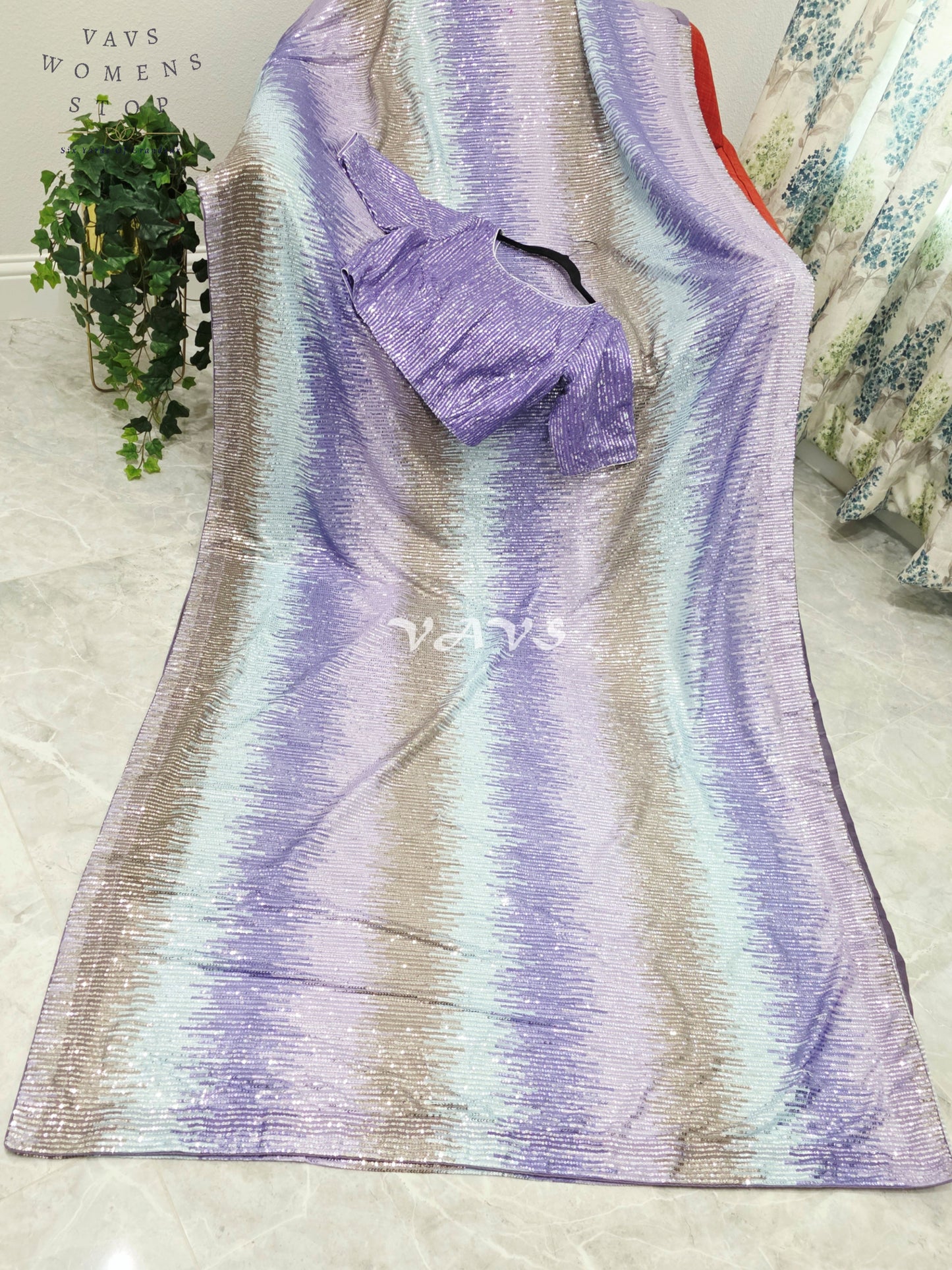 Royal Lavender Orchid, Icy Aqua Mint & Champagne Rose Gold Shaded Net Sequin Saree with Stitched Blouse