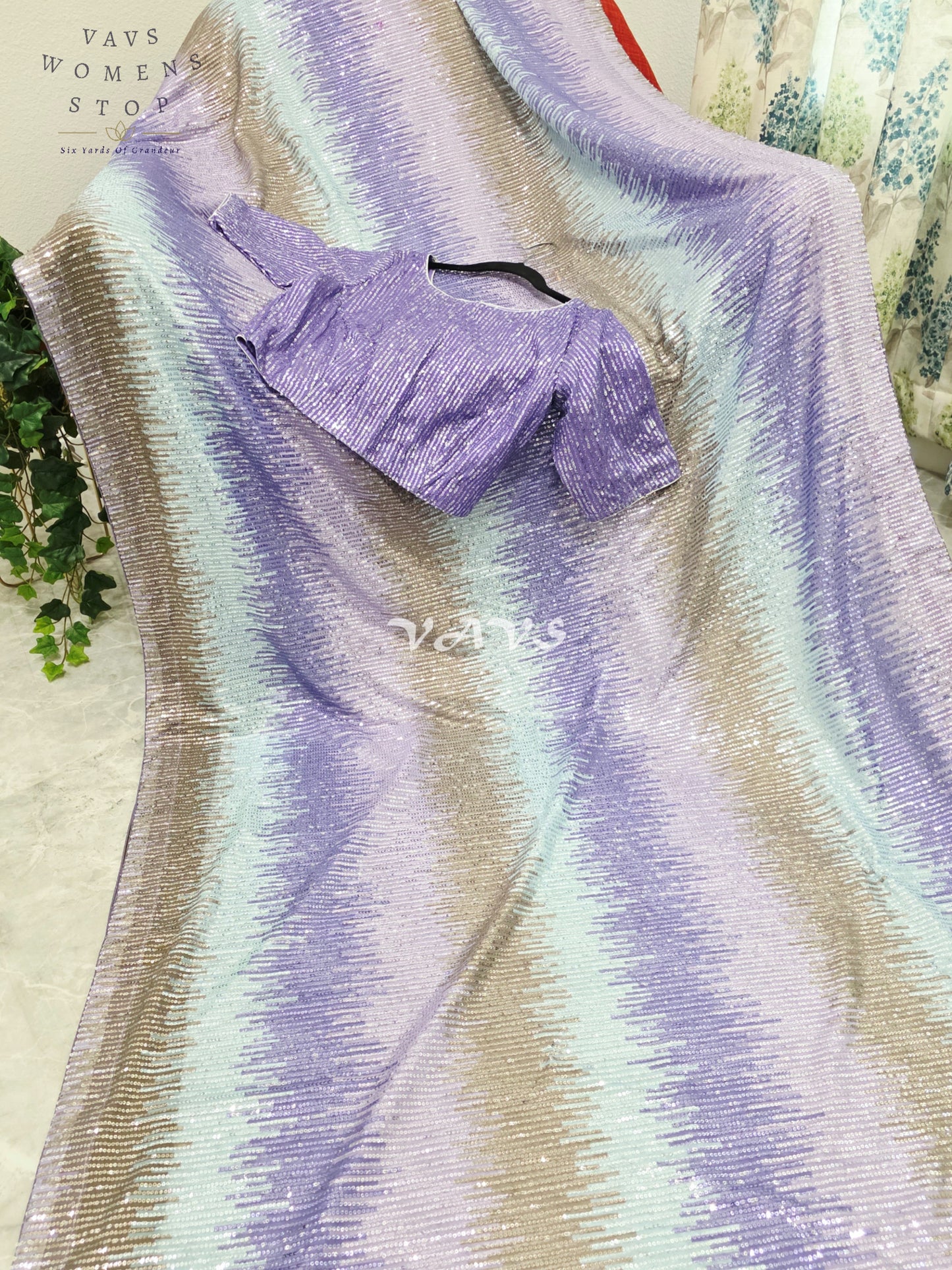 Royal Lavender Orchid, Icy Aqua Mint & Champagne Rose Gold Shaded Net Sequin Saree with Stitched Blouse