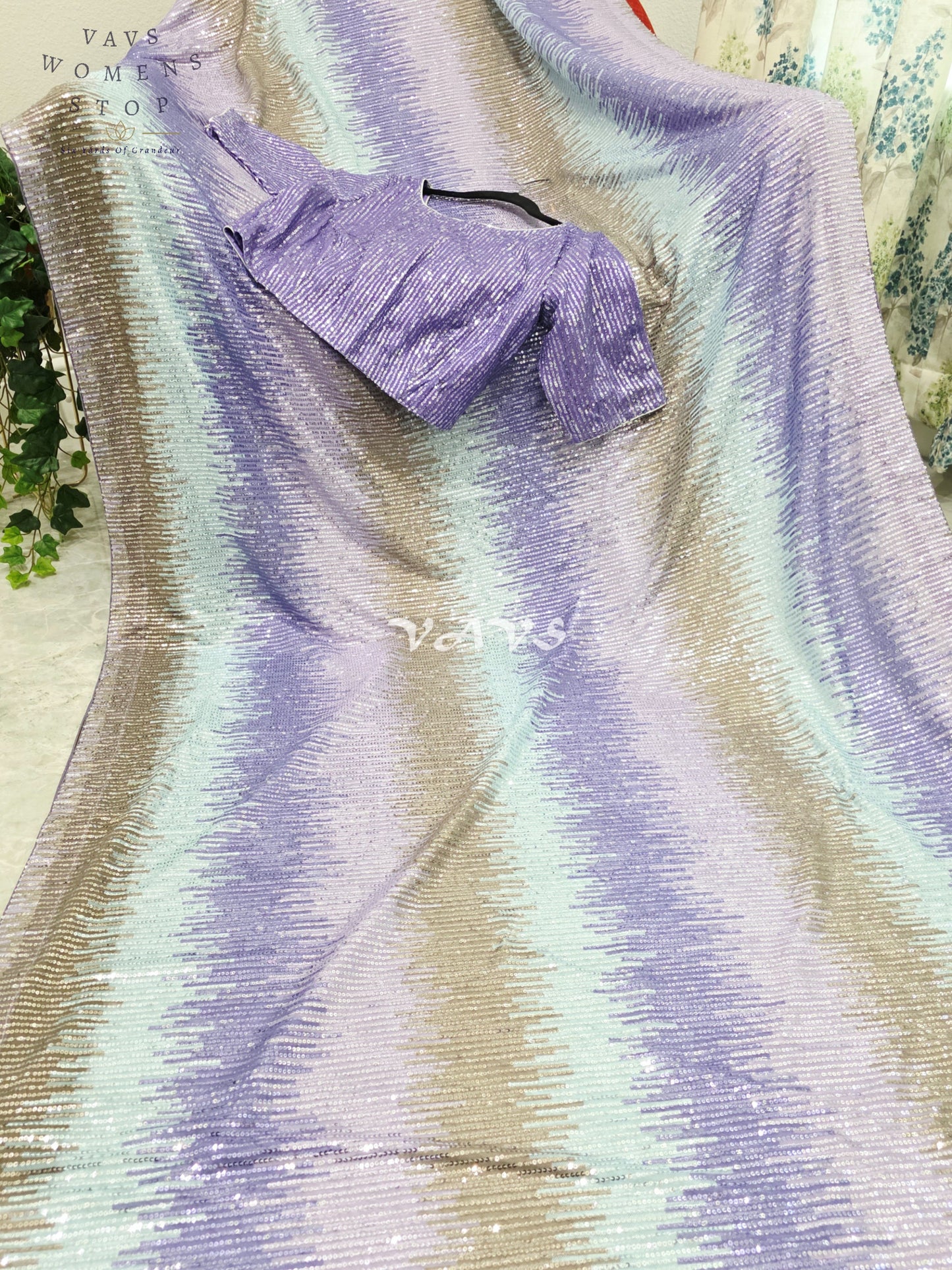 Royal Lavender Orchid, Icy Aqua Mint & Champagne Rose Gold Shaded Net Sequin Saree with Stitched Blouse
