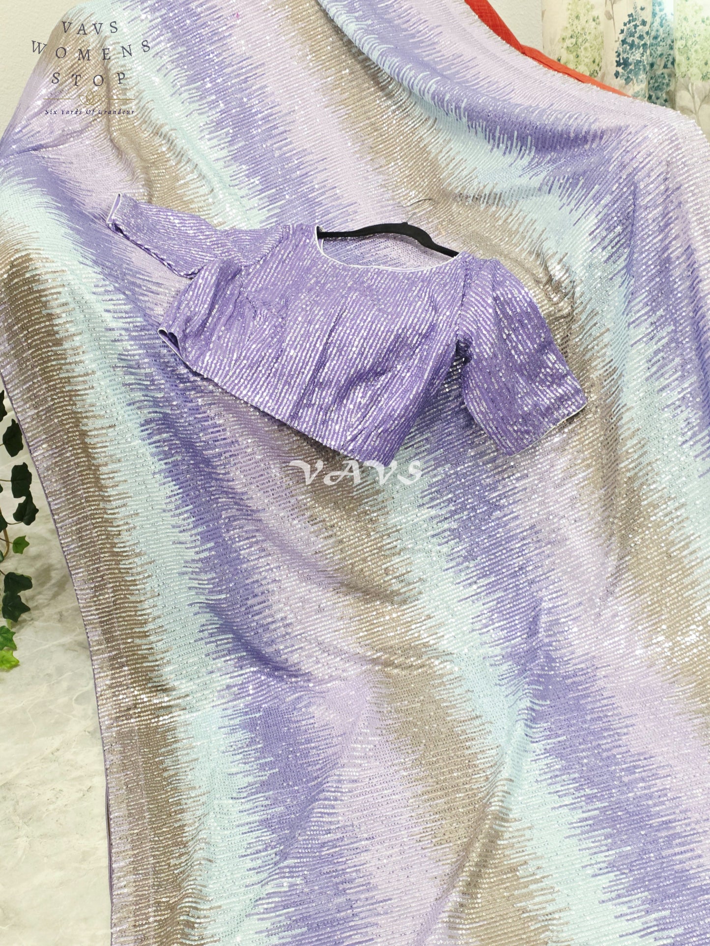 Royal Lavender Orchid, Icy Aqua Mint & Champagne Rose Gold Shaded Net Sequin Saree with Stitched Blouse