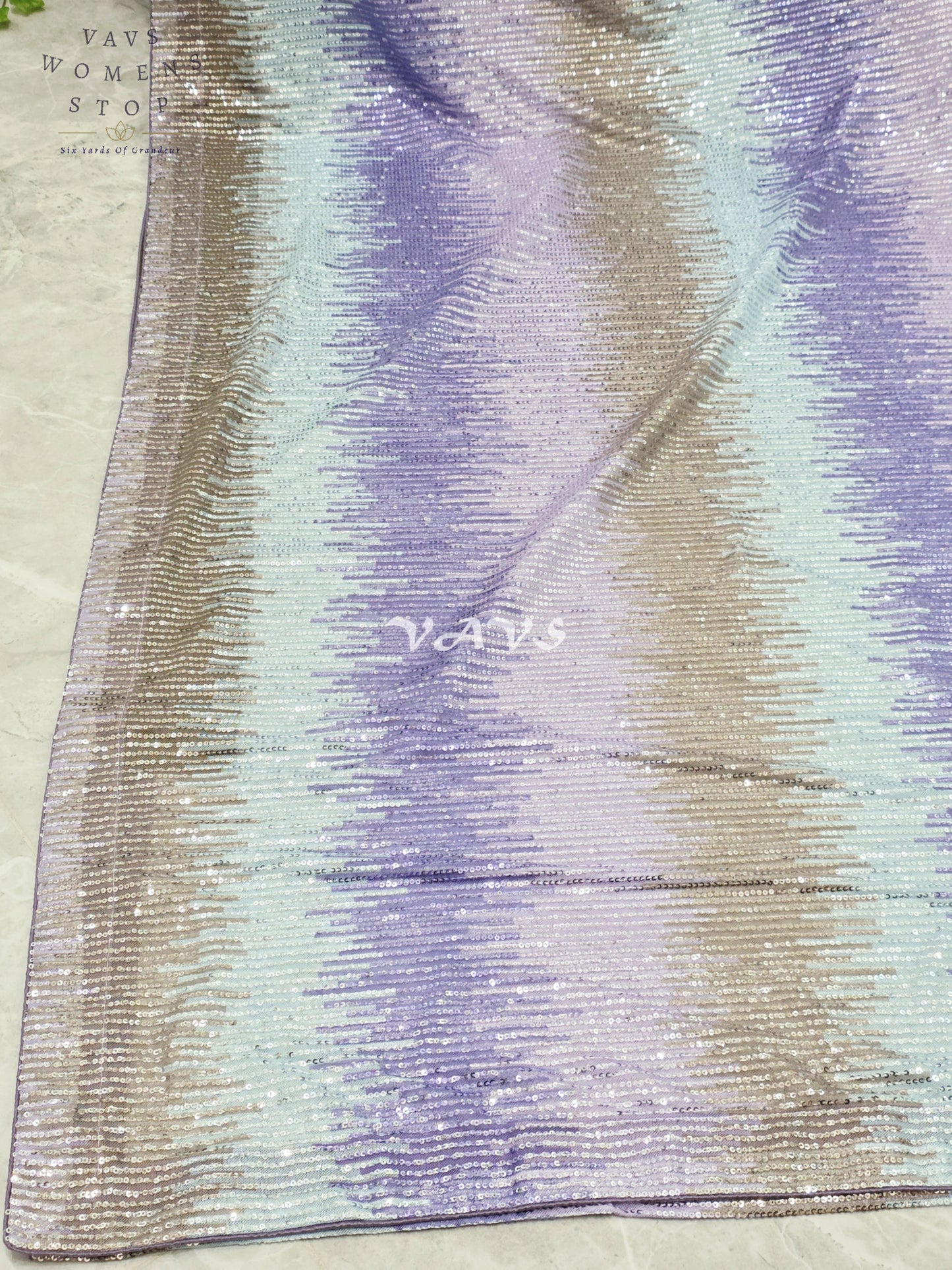 Royal Lavender Orchid, Icy Aqua Mint & Champagne Rose Gold Shaded Net Sequin Saree with Stitched Blouse