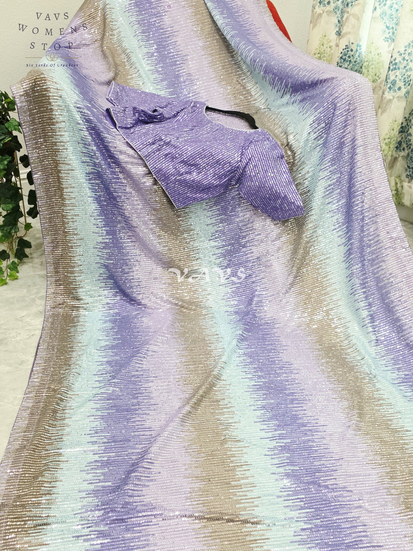 Royal Lavender Orchid, Icy Aqua Mint & Champagne Rose Gold Shaded Net Sequin Saree with Stitched Blouse