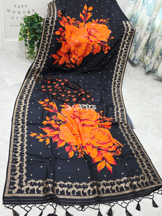 Royal Onyx Black Munga Crepe Silk Saree with Sunset Orange Floral Print, Antique Gold Peacock Border & Stitched Blouse Size 40–46