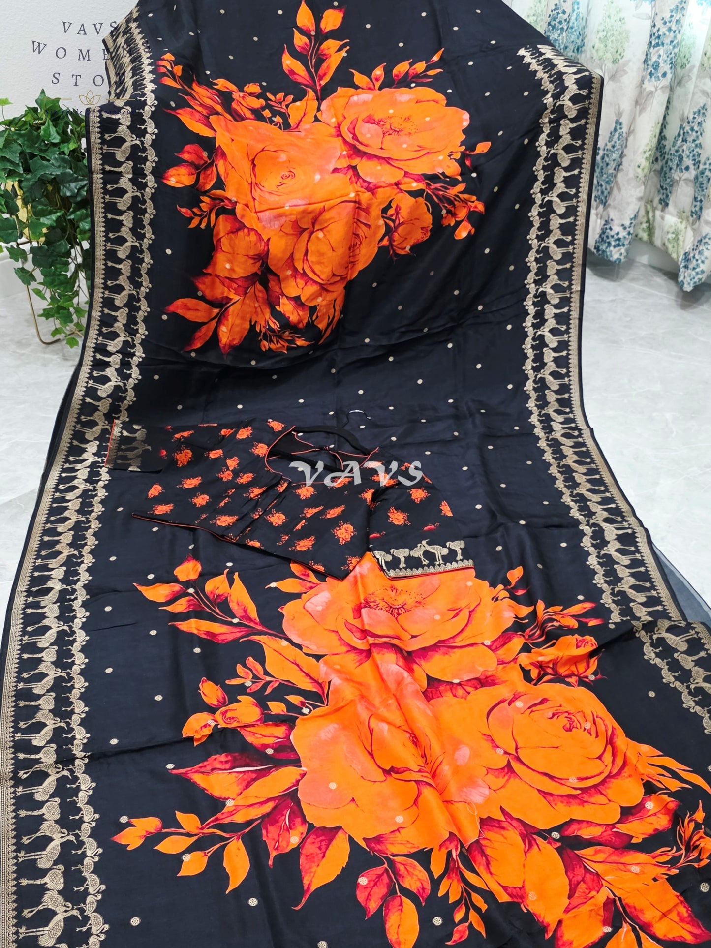 Royal Onyx Black Munga Crepe Silk Saree with Sunset Orange Floral Print, Antique Gold Peacock Border & Stitched Blouse Size 40–46